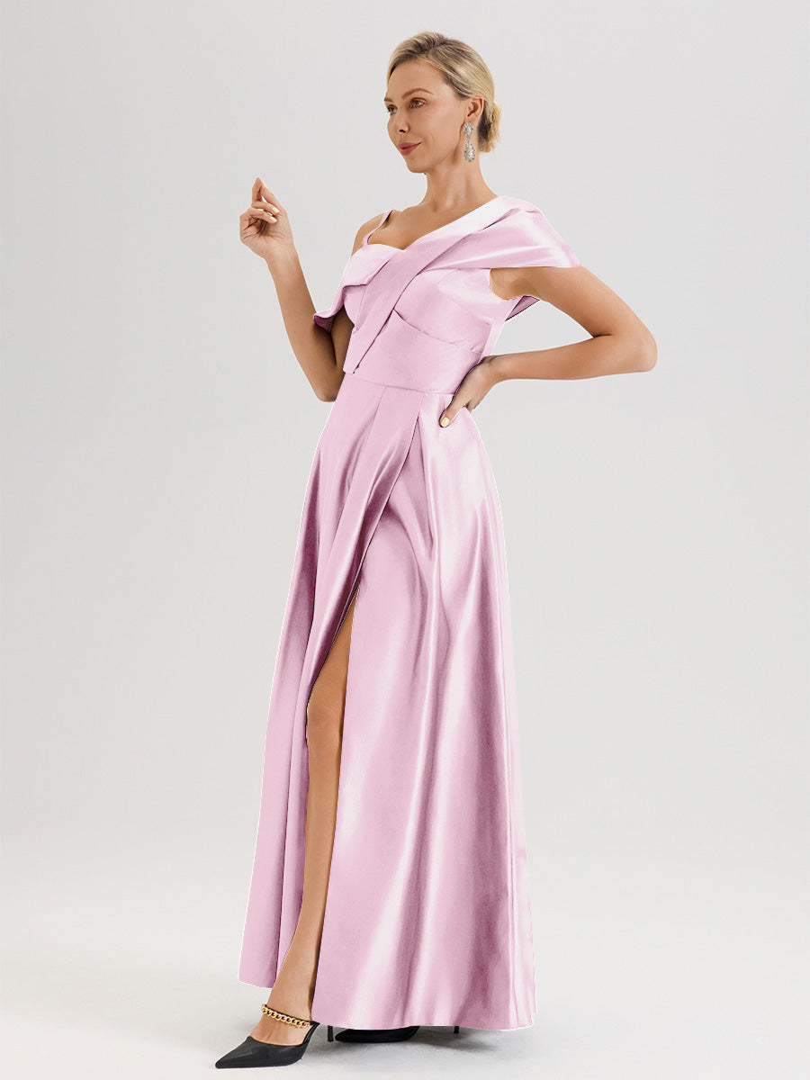 Cicinia Bordeaux Robe Mère De La Mariée Longueur Au Sol Trapèze Une Épaule En Satin Avec Jupe Plissée Fendue