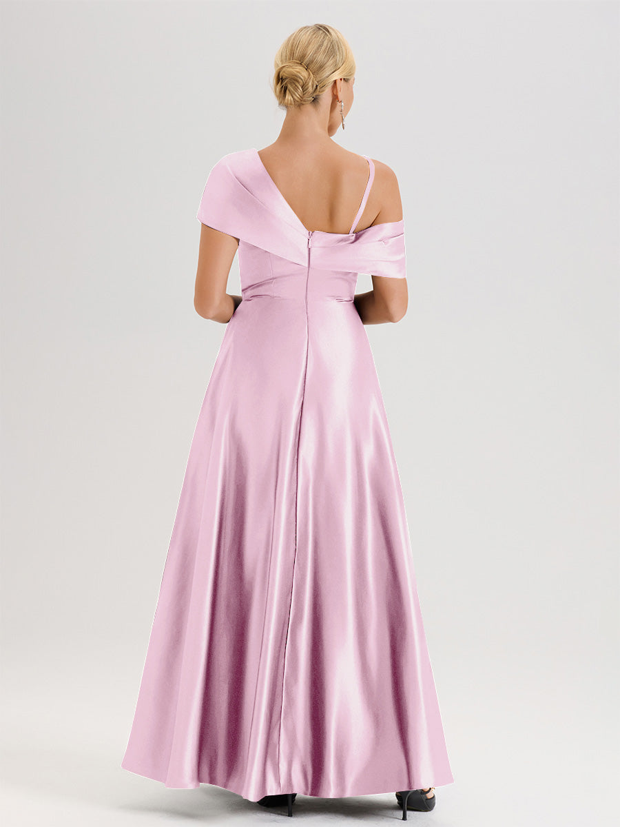 Cicinia Bordeaux Robe Mère De La Mariée Longueur Au Sol Trapèze Une Épaule En Satin Avec Jupe Plissée Fendue