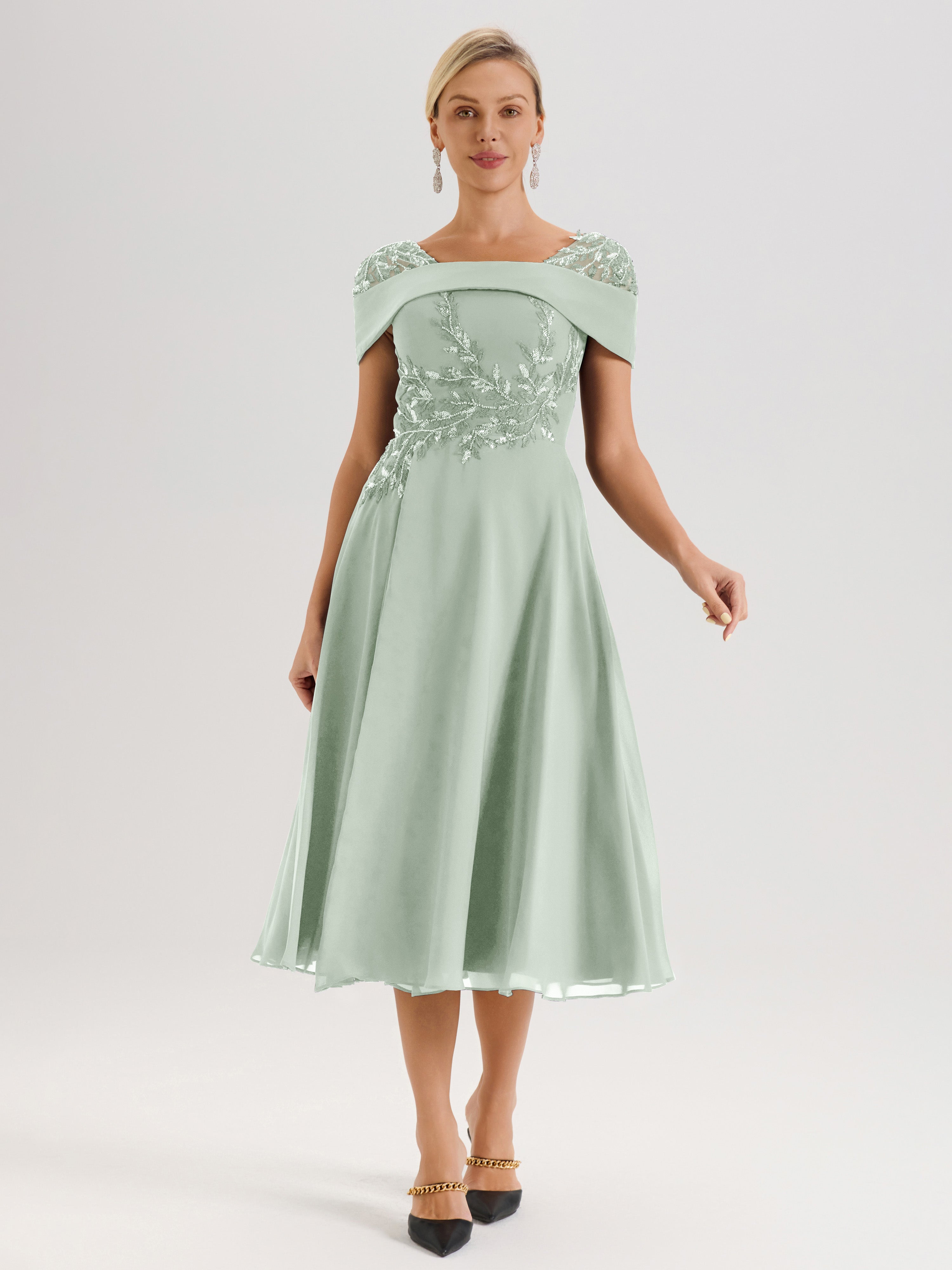 Cicinia Robe Trapèze Pour Mère De La Mariée Celadon En Mousseline Et Dentelle Col Carré Manches Courtes Longueur Mi-Mollet