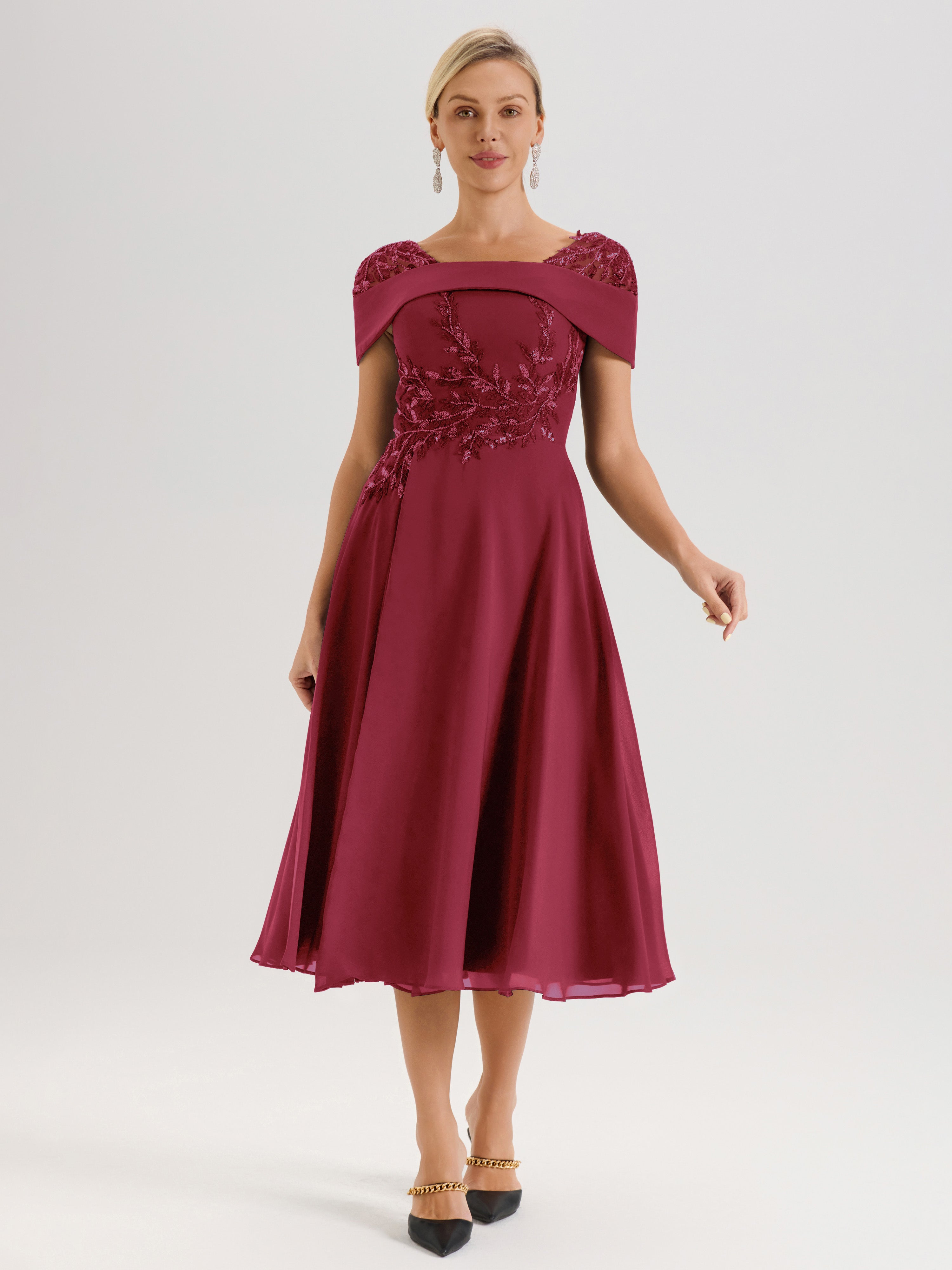Cicinia Robe Trapèze Pour Mère De La Mariée Couleur Rose Cannelle En Mousseline Et Dentelle Col Carré Manches Courtes Longueur Mi-Mollet
