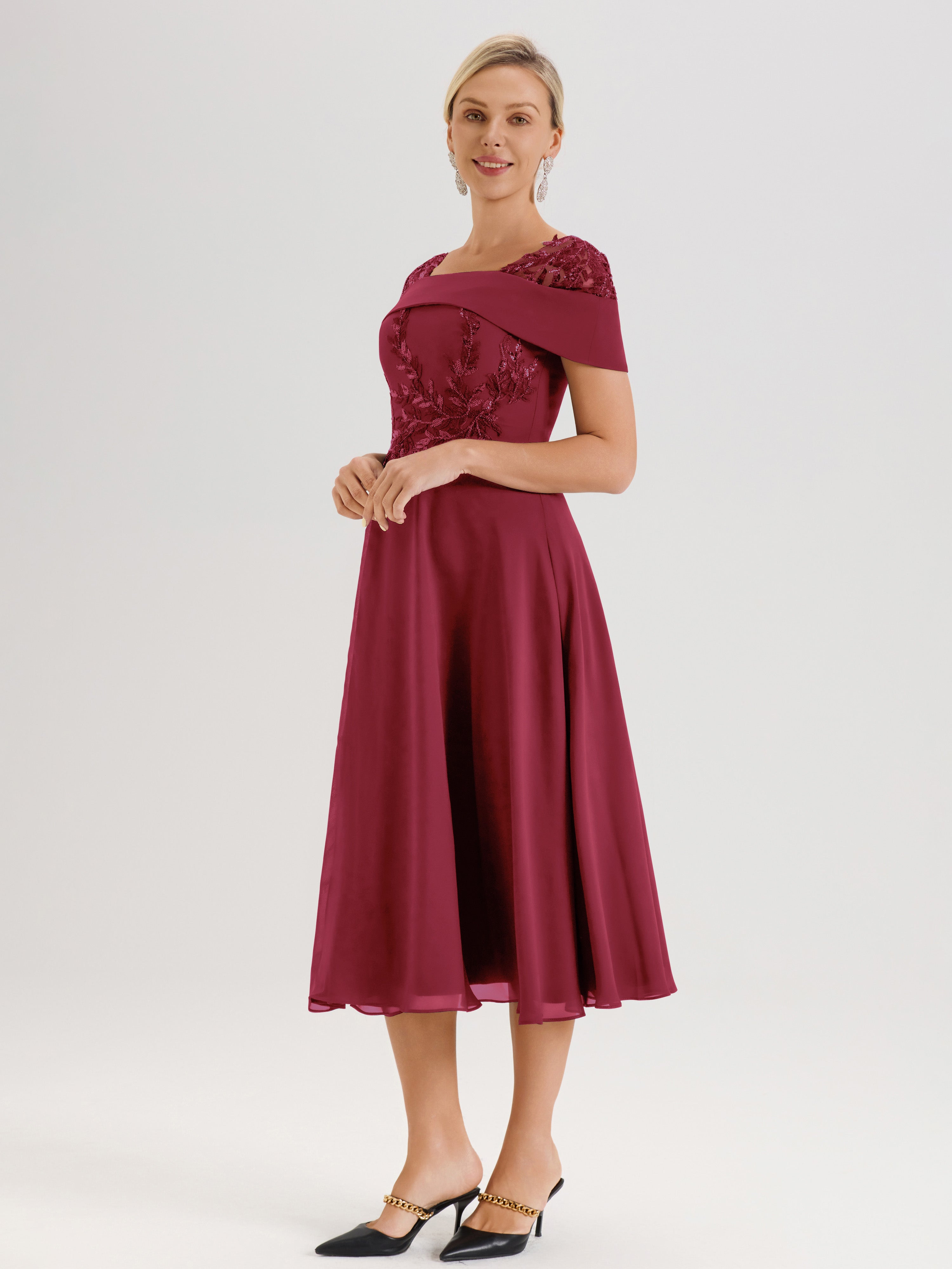 Cicinia Robe Trapèze Pour Mère De La Mariée Couleur Rose Cannelle En Mousseline Et Dentelle Col Carré Manches Courtes Longueur Mi-Mollet