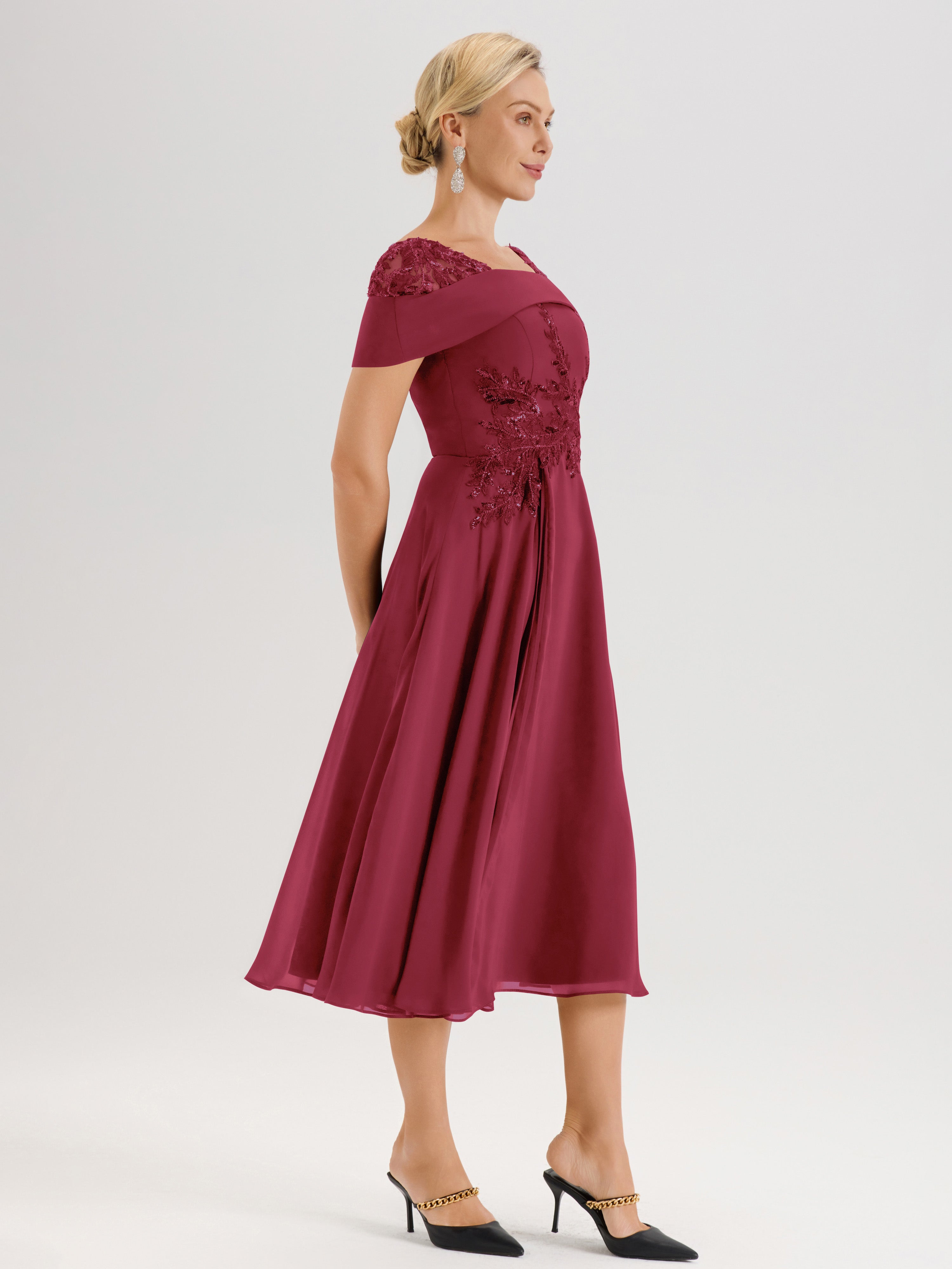 Cicinia Robe Trapèze Pour Mère De La Mariée Couleur Rose Cannelle En Mousseline Et Dentelle Col Carré Manches Courtes Longueur Mi-Mollet