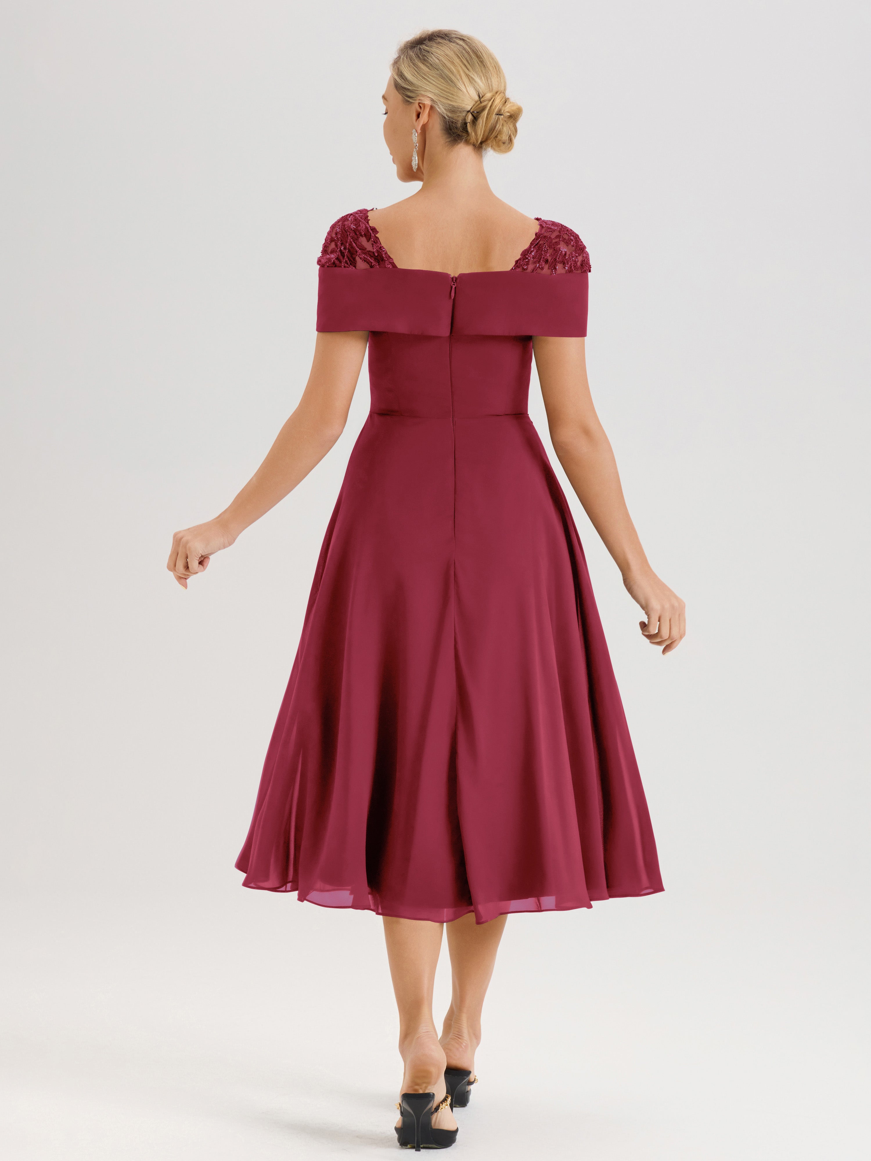 Cicinia Robe Trapèze Pour Mère De La Mariée Couleur Rose Cannelle En Mousseline Et Dentelle Col Carré Manches Courtes Longueur Mi-Mollet