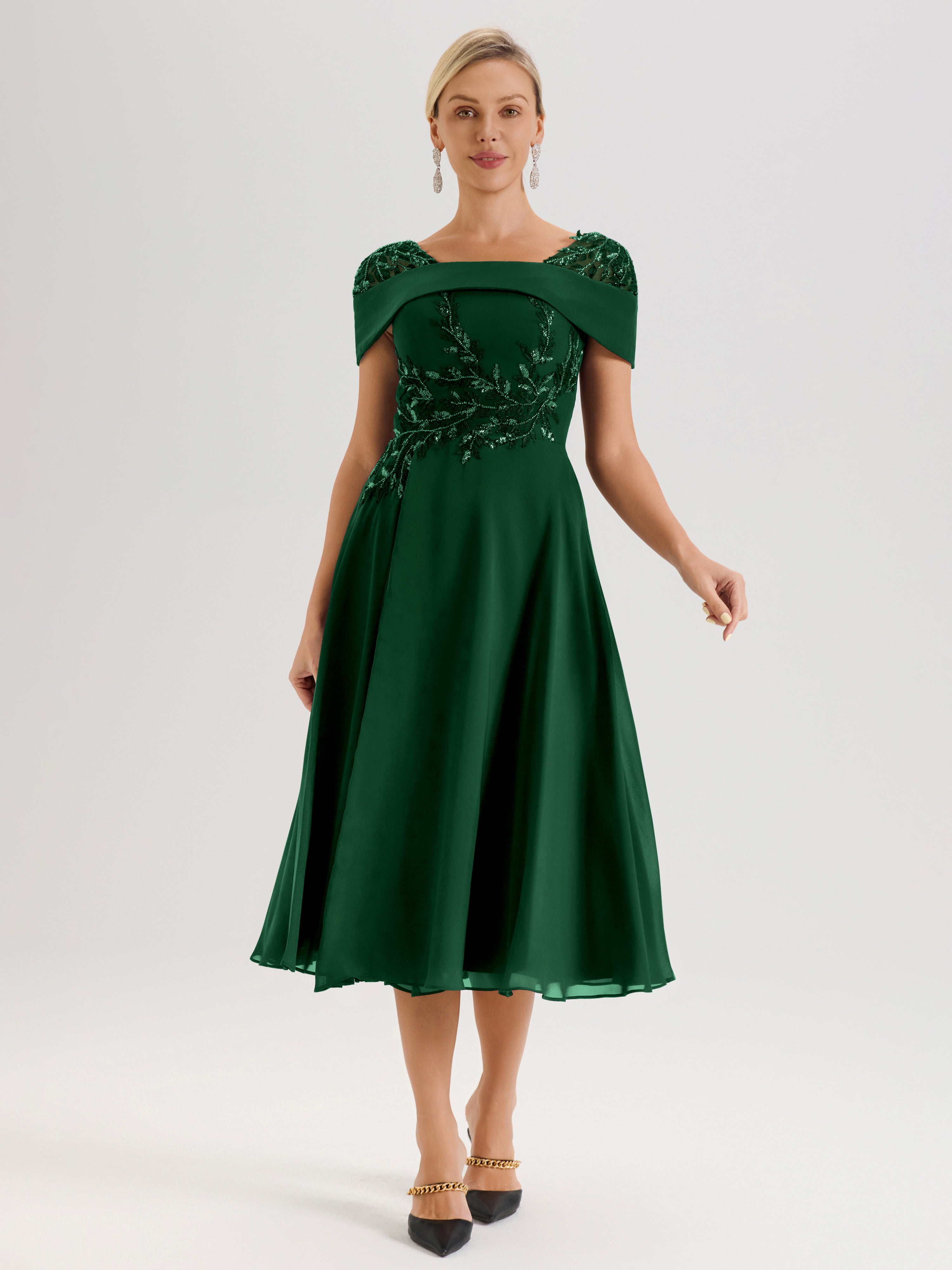 Cicinia Robe Trapèze Pour Mère De La Mariée Vert Foncé En Mousseline Et Dentelle Col Carré Manches Courtes Longueur Mi-Mollet
