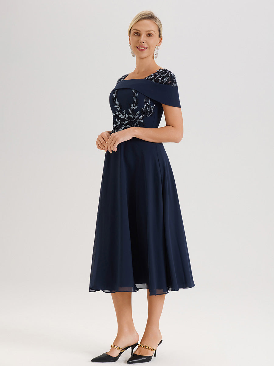 Cicinia Robe Trapèze Pour Mère De La Mariée Bleu Marine En Mousseline Et Dentelle Col Carré Manches Courtes Longueur Mi-Mollet