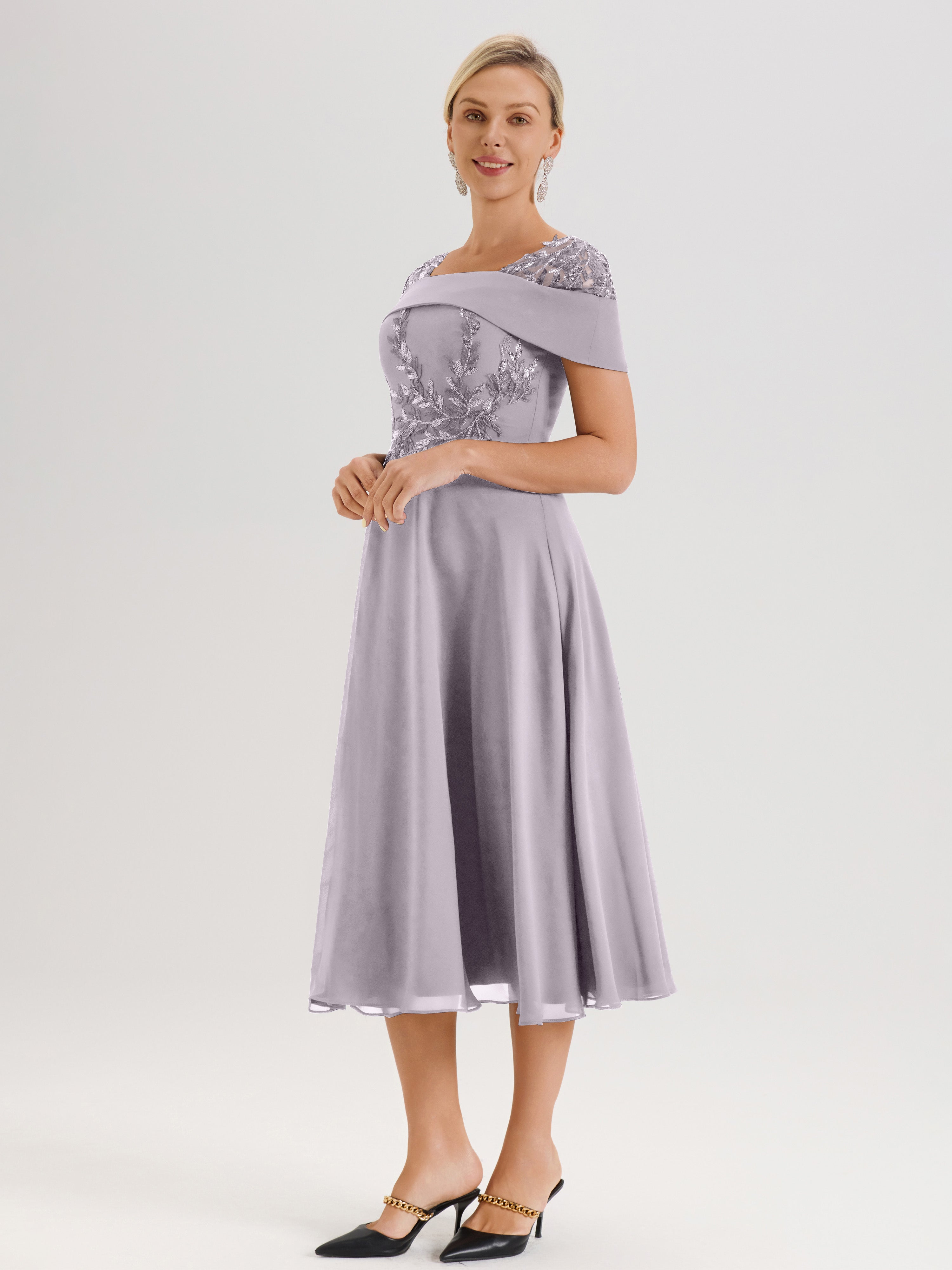 Cicinia Robe Trapèze Pour Mère De La Mariée Couleur Crépuscule En Mousseline Et Dentelle Col Carré Manches Courtes Longueur Mi-Mollet