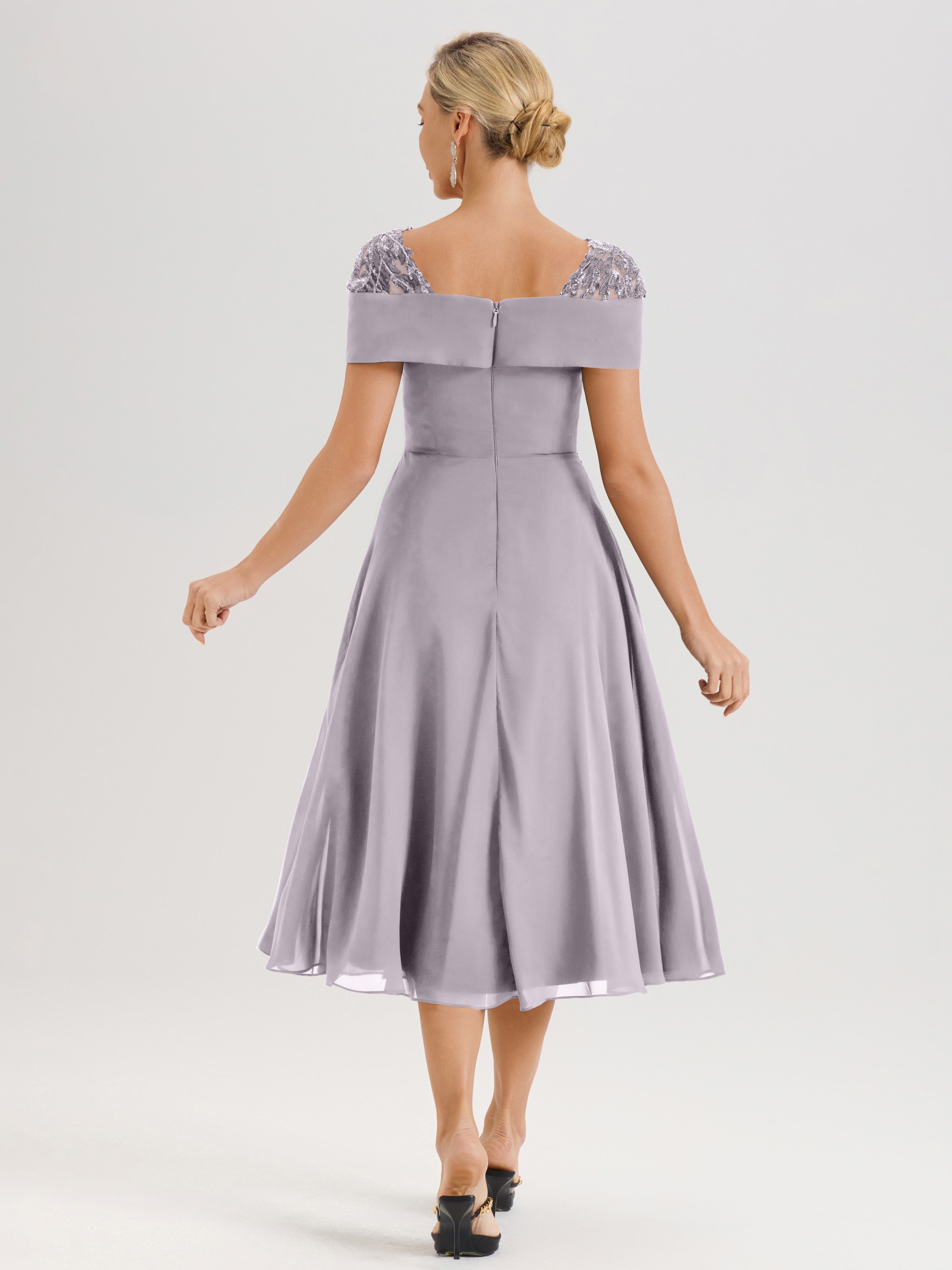 Cicinia Robe Trapèze Pour Mère De La Mariée Couleur Crépuscule En Mousseline Et Dentelle Col Carré Manches Courtes Longueur Mi-Mollet