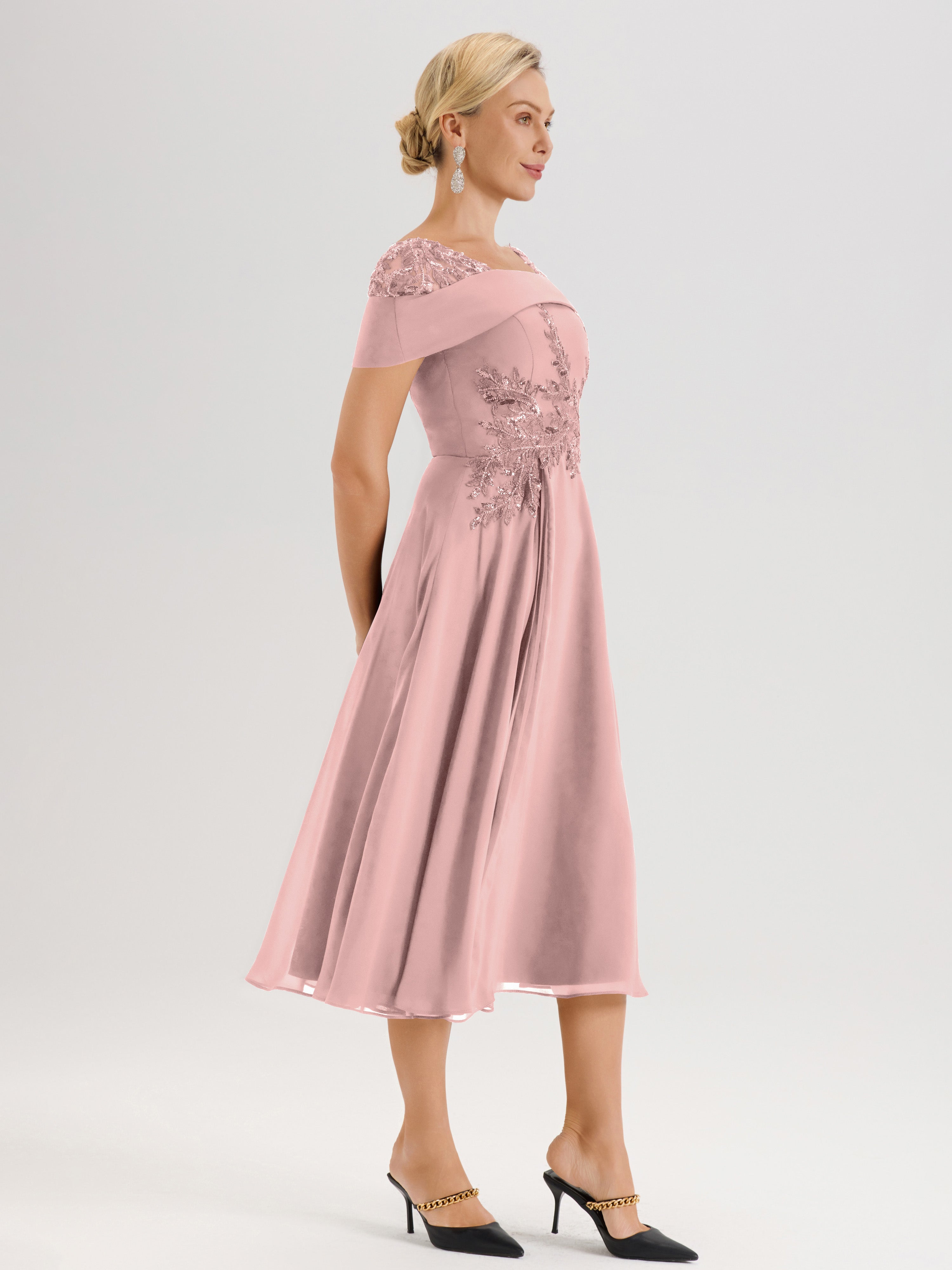 Cicinia Robe Trapèze Pour Mère De La Mariée Rose Poussiéreux En Mousseline Et Dentelle Col Carré Manches Courtes Longueur Mi-Mollet