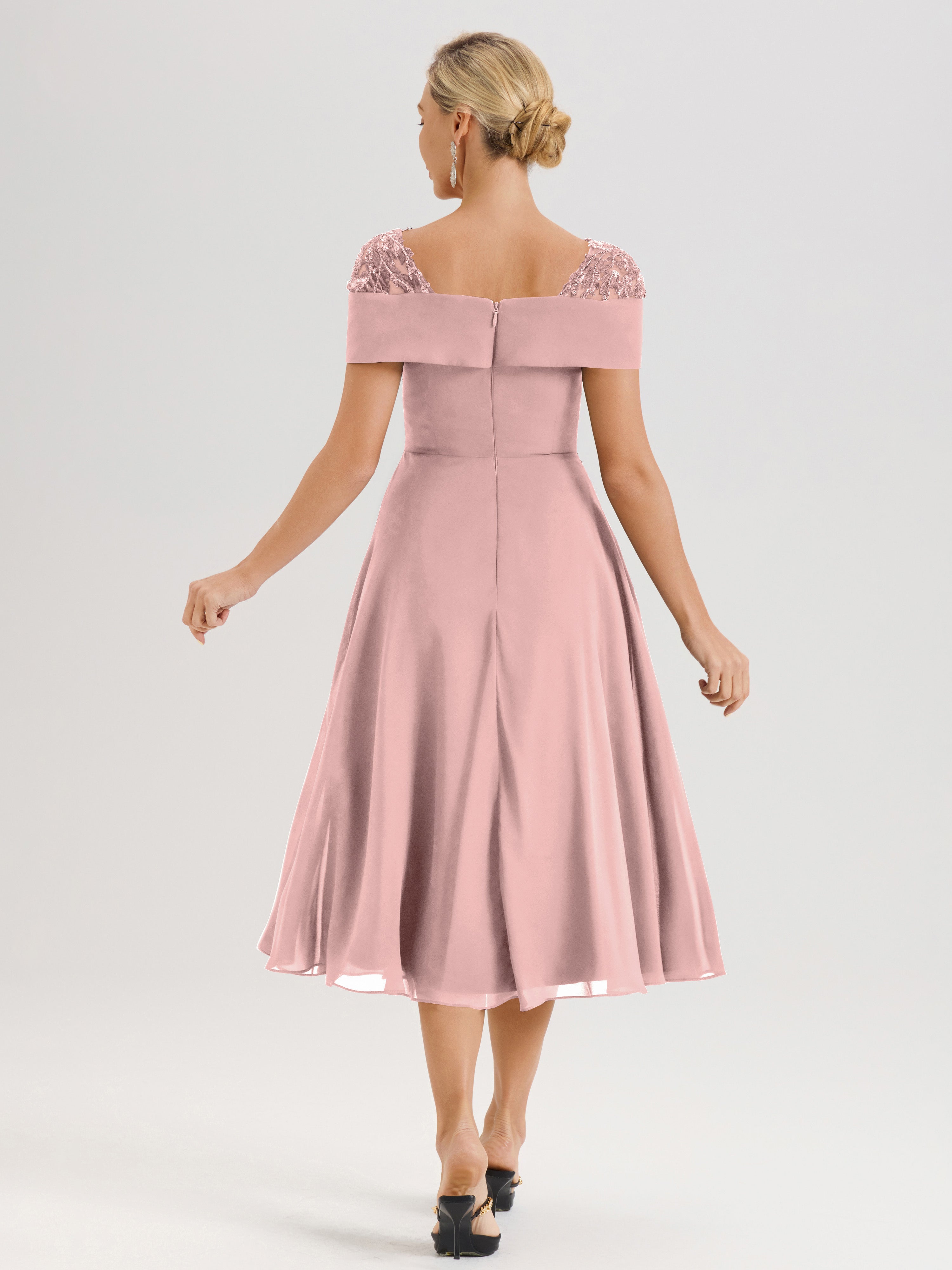 Cicinia Robe Trapèze Pour Mère De La Mariée Rose Poussiéreux En Mousseline Et Dentelle Col Carré Manches Courtes Longueur Mi-Mollet
