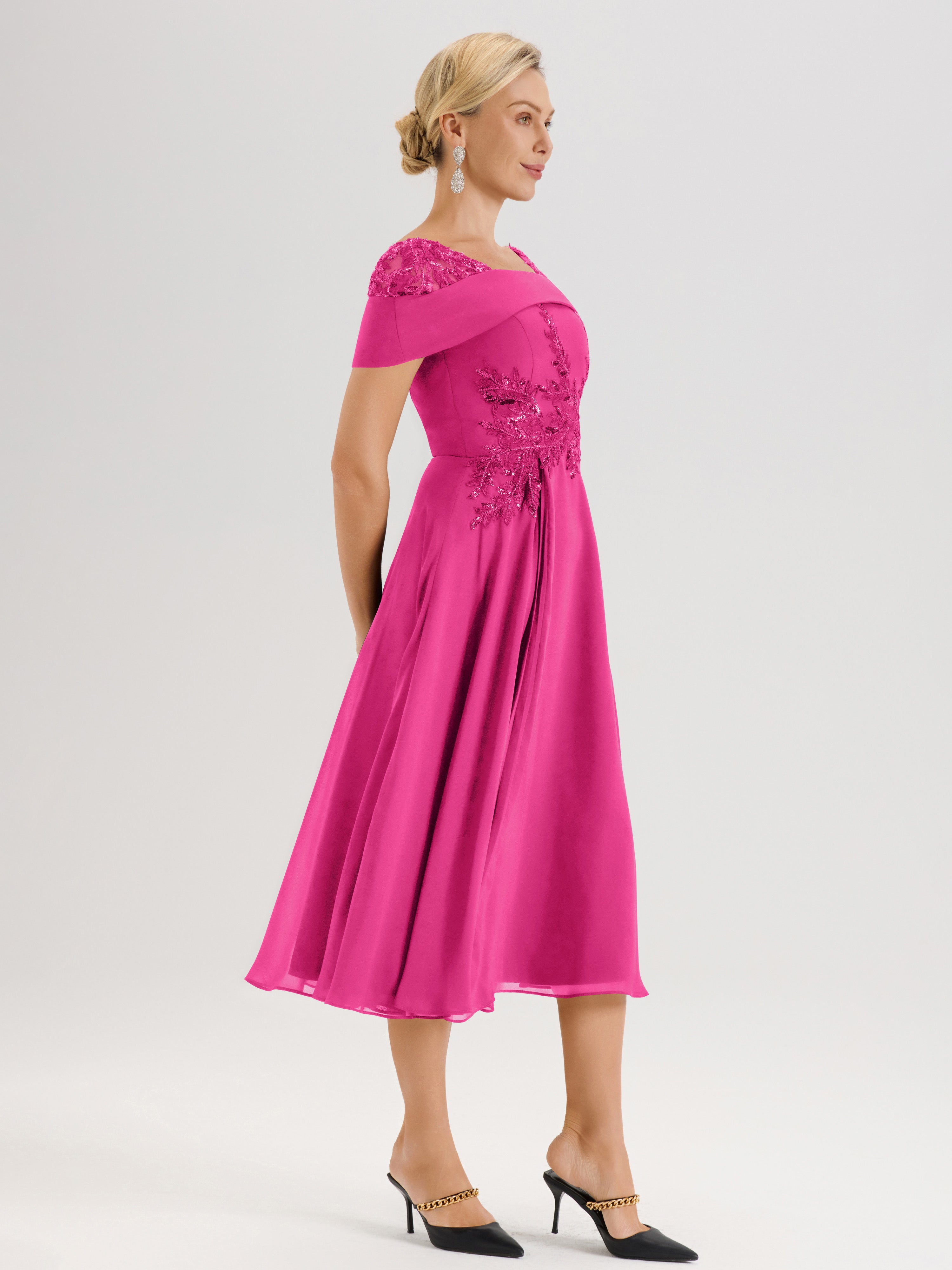 Cicinia Robe Trapèze Pour Mère De La Mariée Fuchsia En Mousseline Et Dentelle Col Carré Manches Courtes Longueur Mi-Mollet
