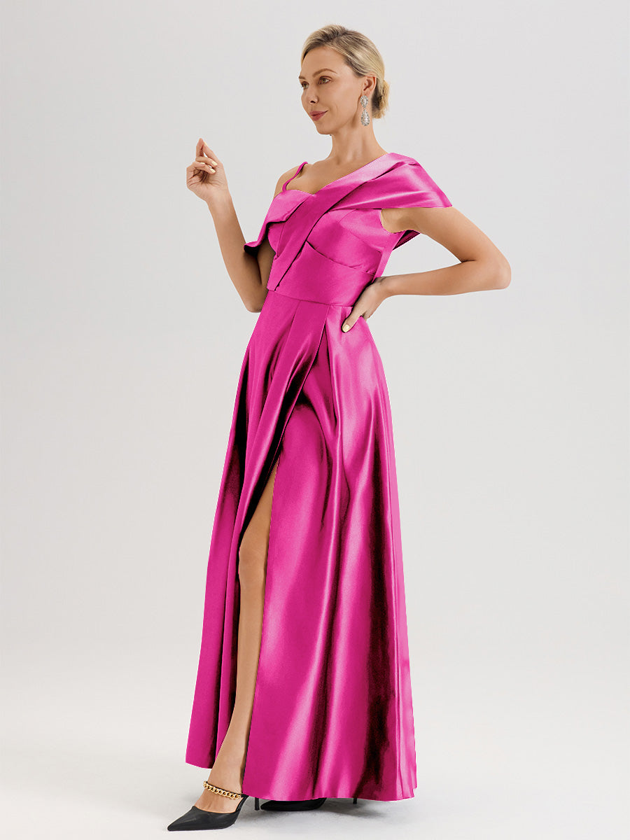 Cicinia Rouge Robe Mère De La Mariée Longueur Au Sol Trapèze Une Épaule En Satin Avec Jupe Plissée Fendue