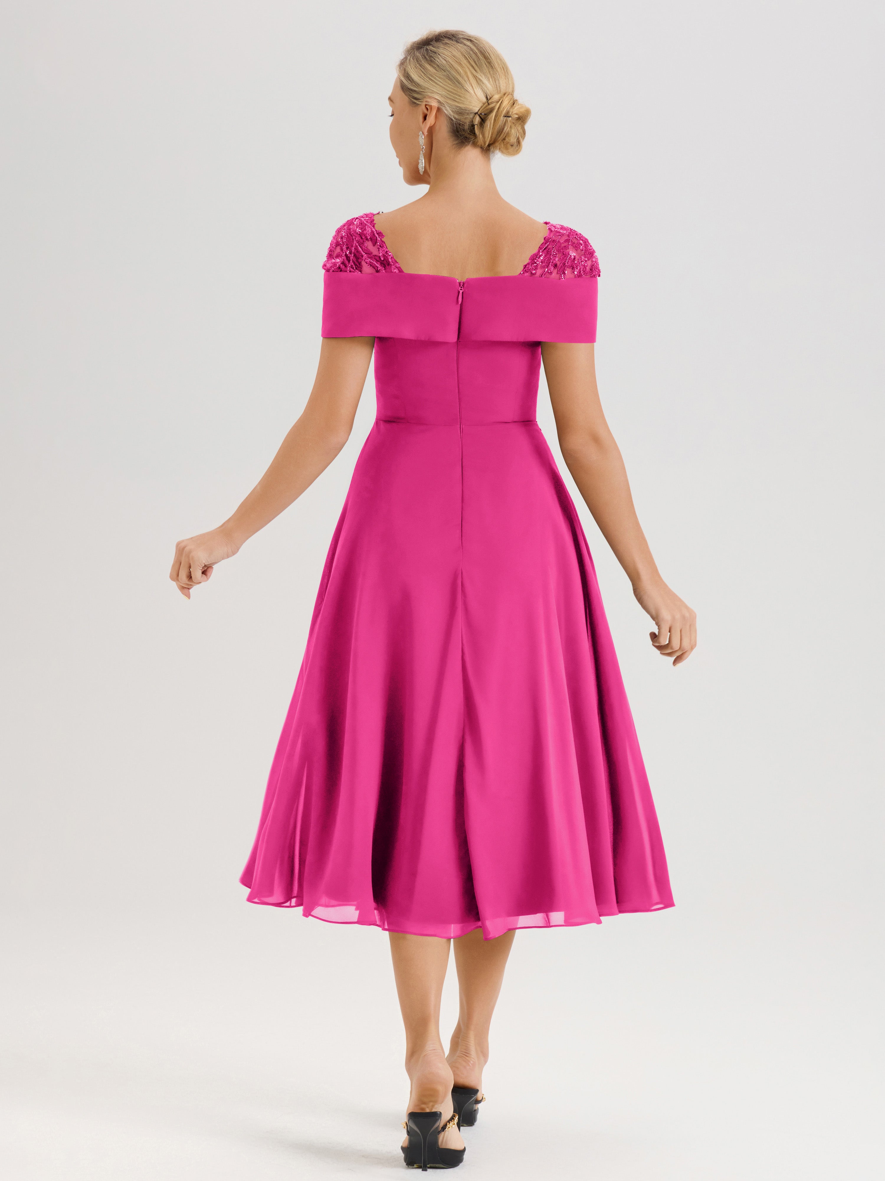 Cicinia Robe Trapèze Pour Mère De La Mariée Fuchsia En Mousseline Et Dentelle Col Carré Manches Courtes Longueur Mi-Mollet