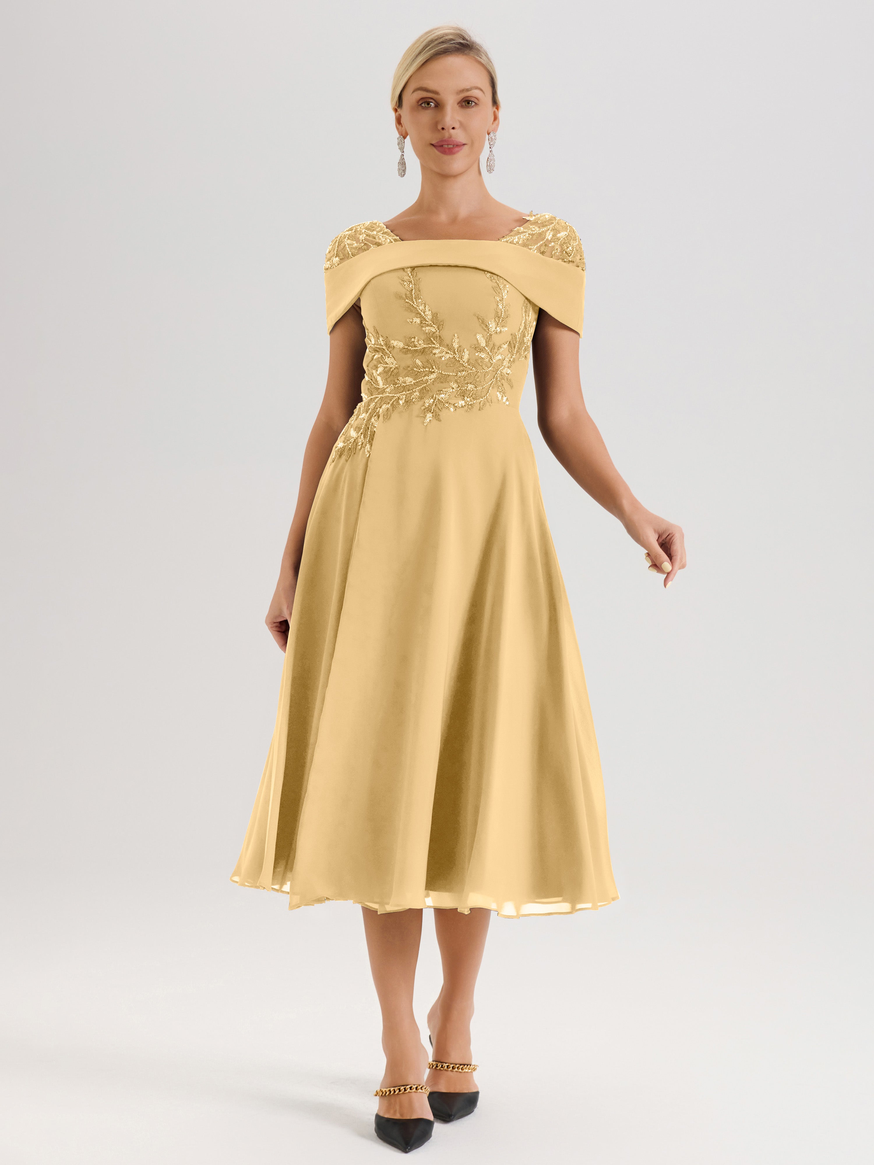 Cicinia Robe Trapèze Pour Mère De La Mariée Dorée En Mousseline Et Dentelle Col Carré Manches Courtes Longueur Mi-Mollet