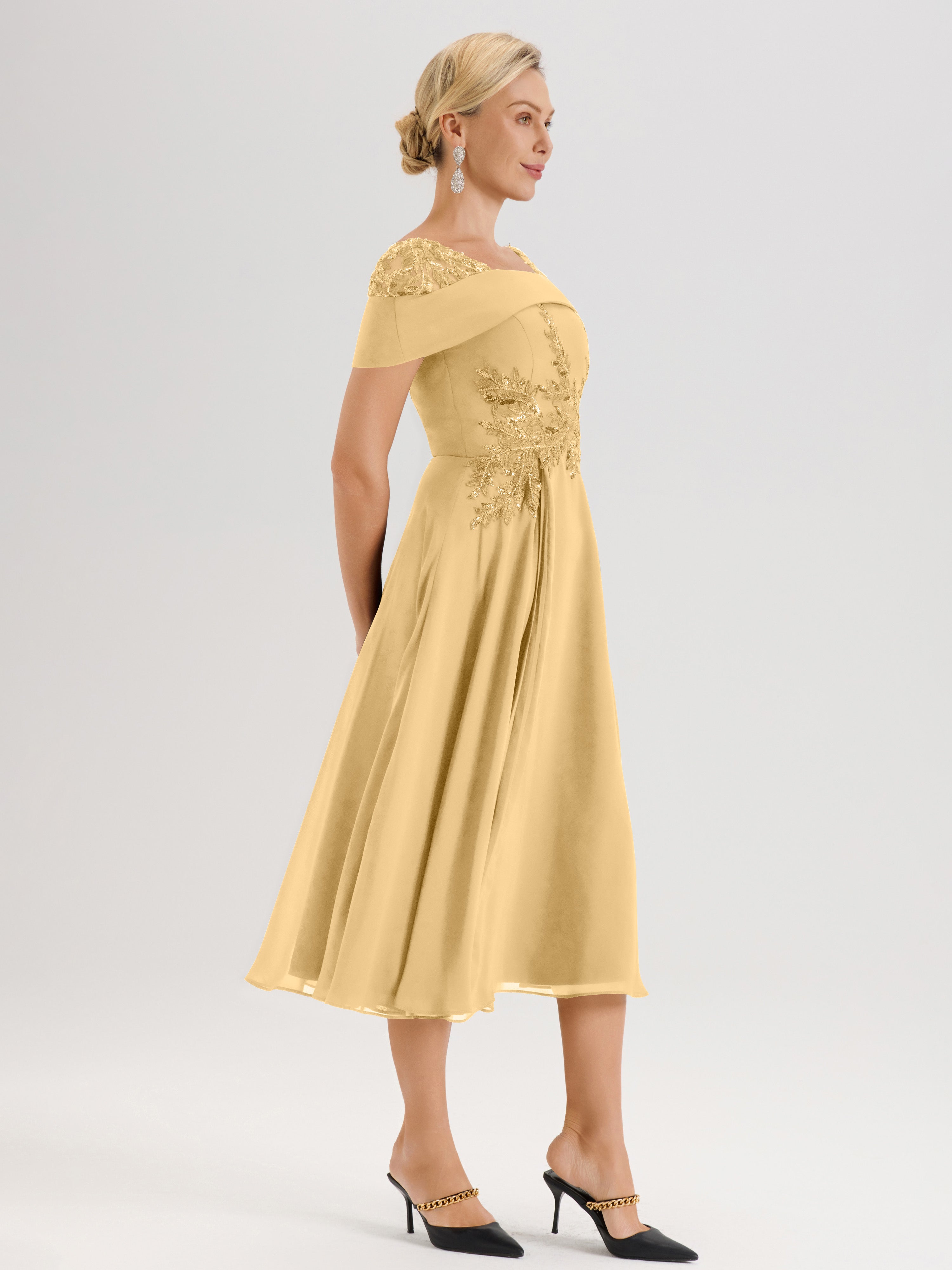 Cicinia Robe Trapèze Pour Mère De La Mariée Dorée En Mousseline Et Dentelle Col Carré Manches Courtes Longueur Mi-Mollet