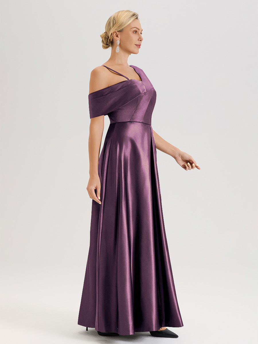 Cicinia Bleu Marine Robe Mère De La Mariée Longueur Au Sol Trapèze Une Épaule En Satin Avec Jupe Plissée Fendue