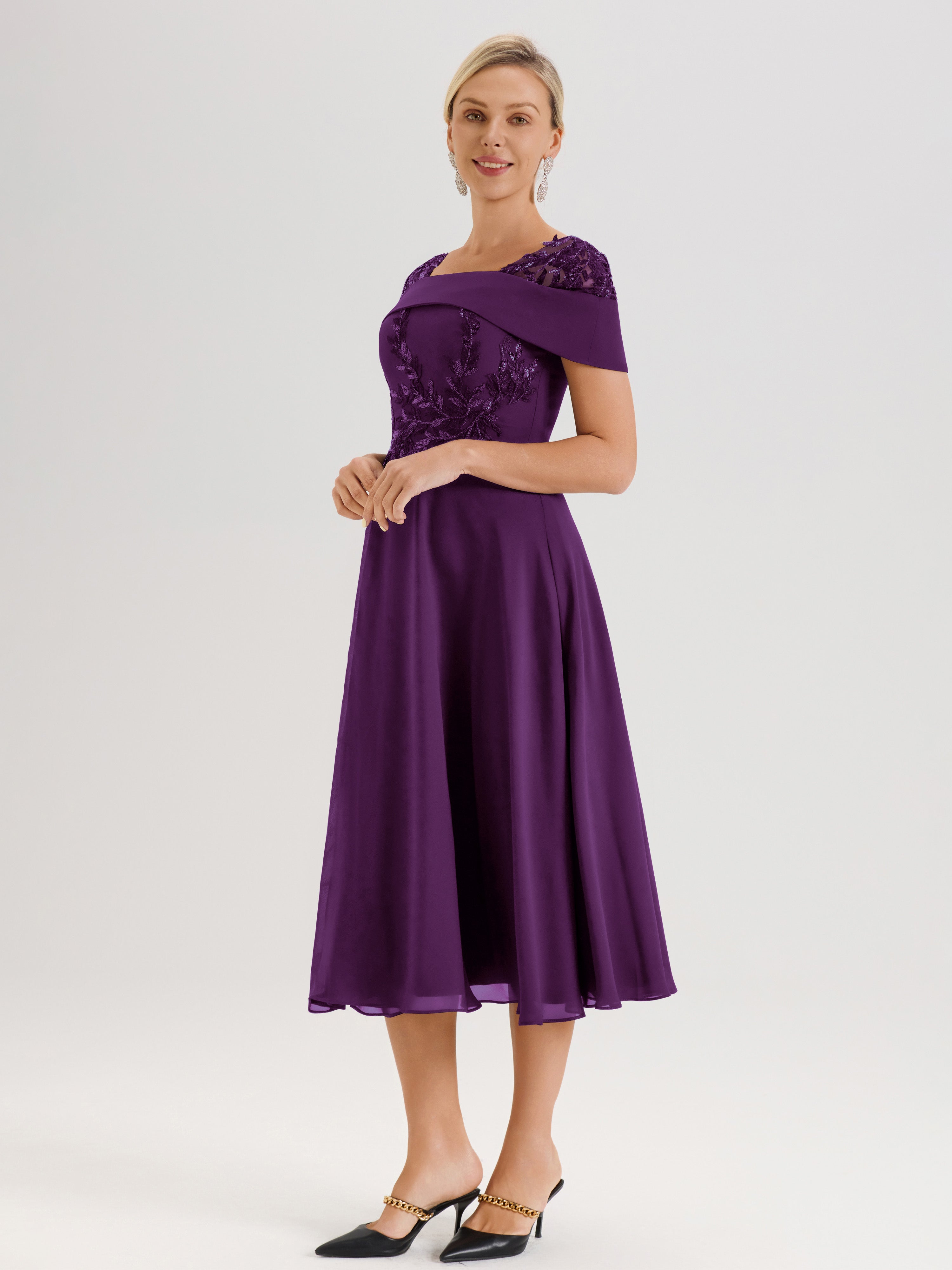 Cicinia Robe Trapèze Pour Mère De La Mariée En Raisin En Mousseline Et Dentelle Col Carré Manches Courtes Longueur Mi-Mollet