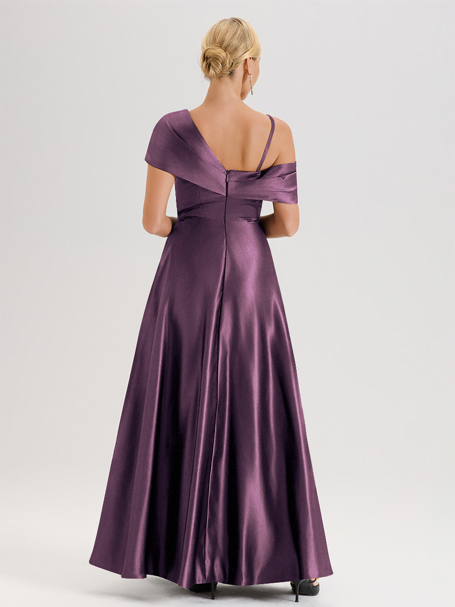 Cicinia Bleu Marine Robe Mère De La Mariée Longueur Au Sol Trapèze Une Épaule En Satin Avec Jupe Plissée Fendue