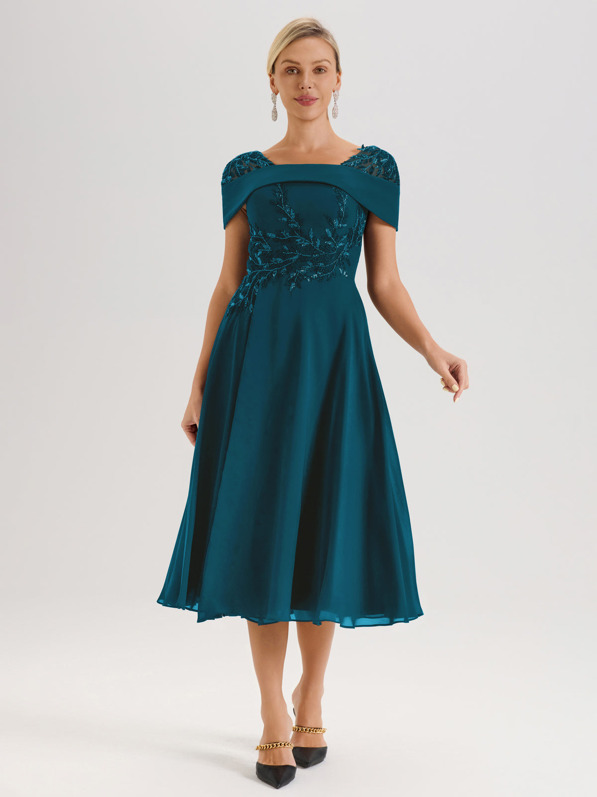 Cicinia Robe Trapèze Pour Mère De La Mariée Bleu Encre En Mousseline Et Dentelle Col Carré Manches Courtes Longueur Mi-Mollet