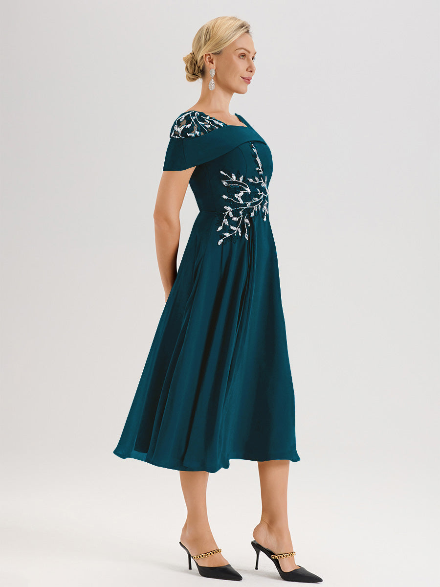 Cicinia Robe Trapèze Pour Mère De La Mariée Bleu Encre En Mousseline Et Dentelle Col Carré Manches Courtes Longueur Mi-Mollet