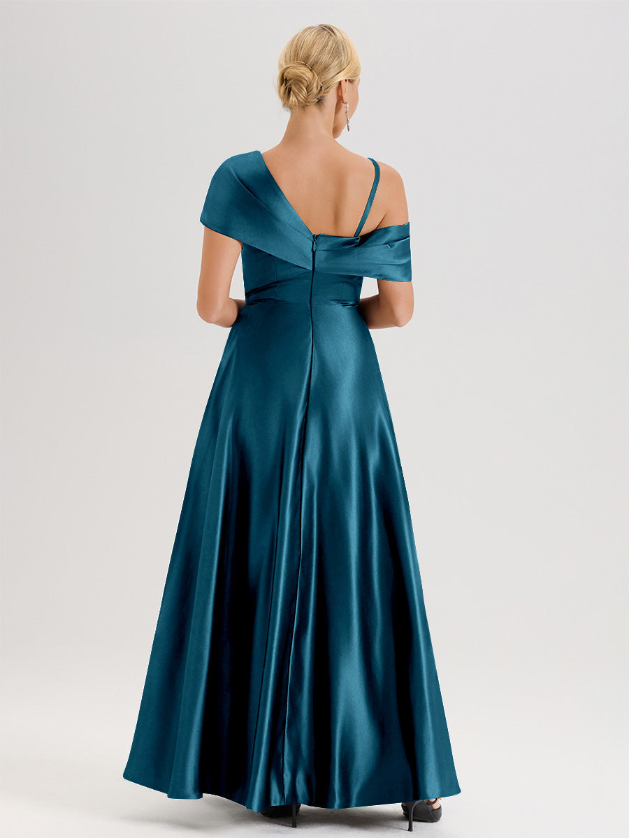 Cicinia Rose Poudré Robe Mère De La Mariée Longueur Au Sol Trapèze Une Épaule En Satin Avec Jupe Plissée Fendue