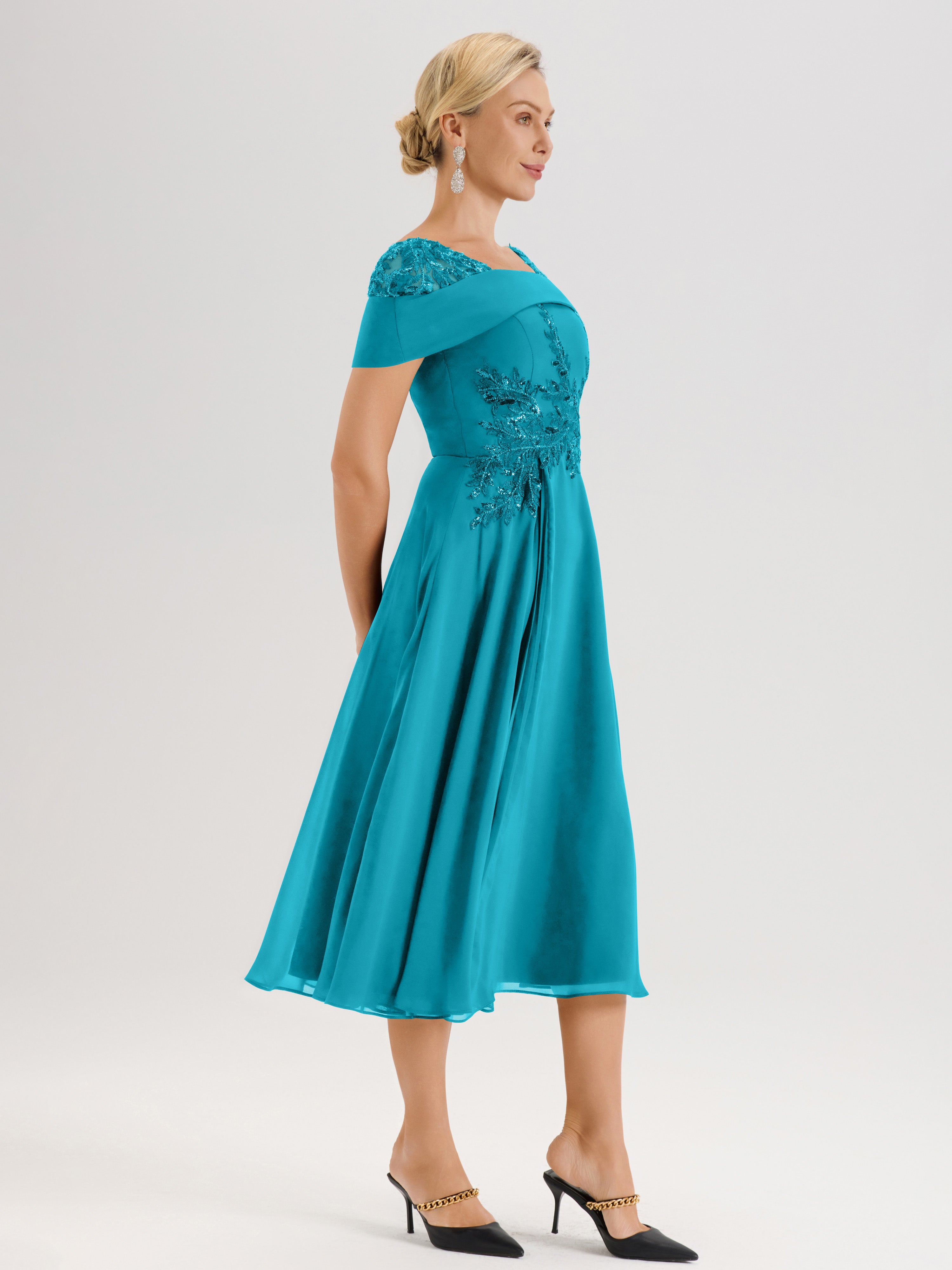Cicinia Robe Trapèze Pour Mère De La Mariée Vert Jade En Mousseline Et Dentelle Col Carré Manches Courtes Longueur Mi-Mollet