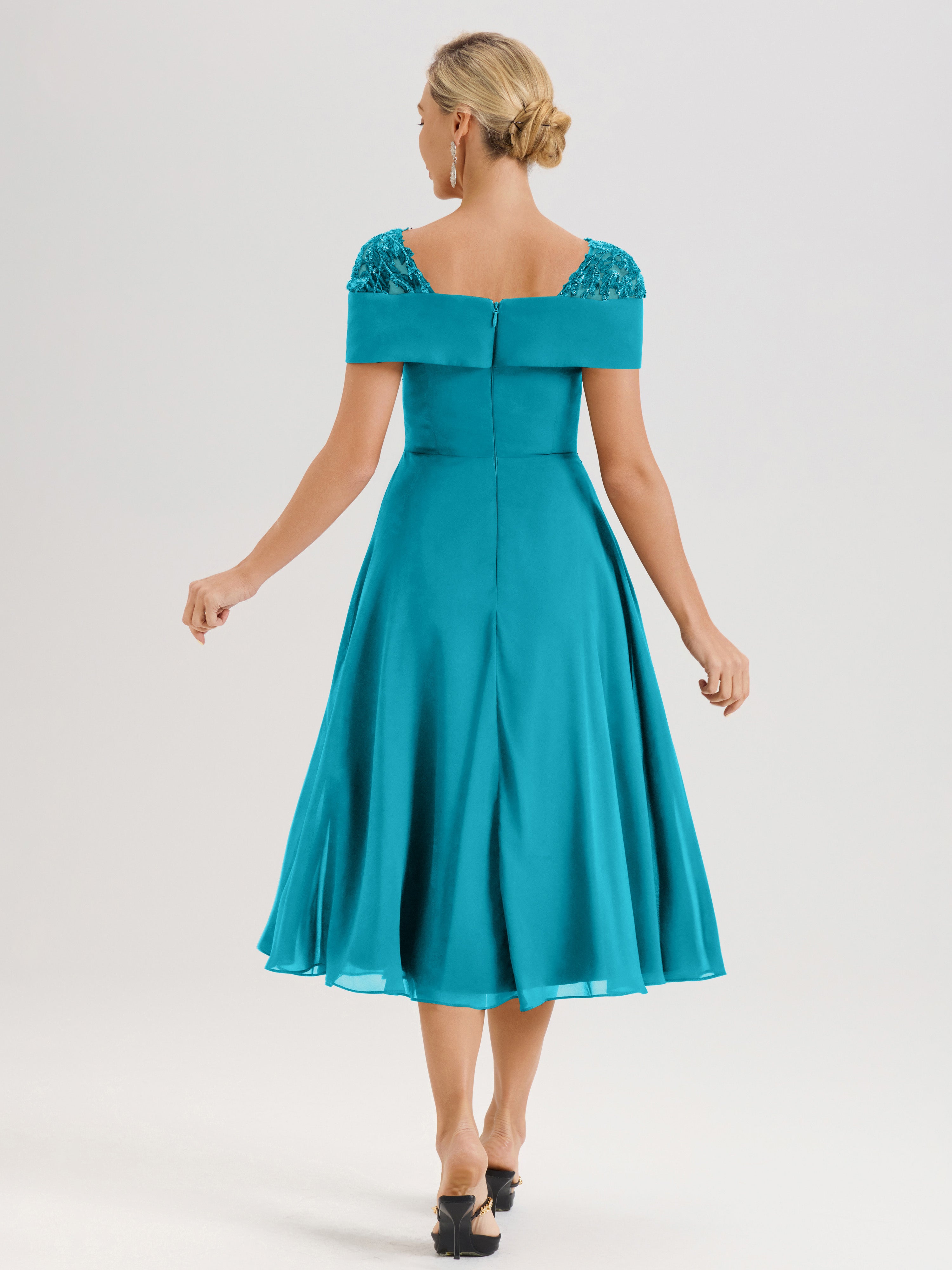 Cicinia Robe Trapèze Pour Mère De La Mariée Vert Jade En Mousseline Et Dentelle Col Carré Manches Courtes Longueur Mi-Mollet