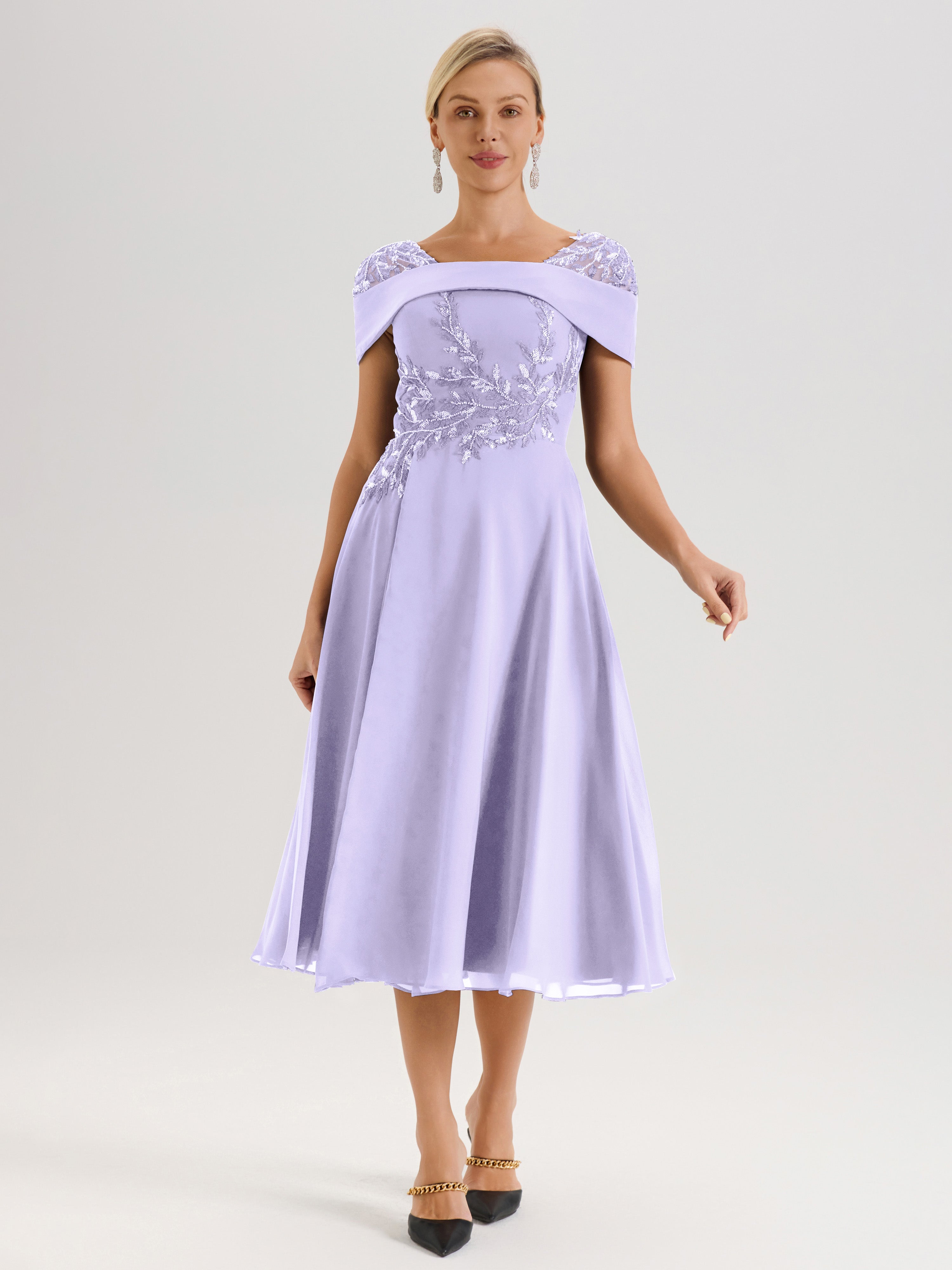 Cicinia Robe Trapèze Pour Mère De La Mariée Lilas En Mousseline Et Dentelle Col Carré Manches Courtes Longueur Mi-Mollet
