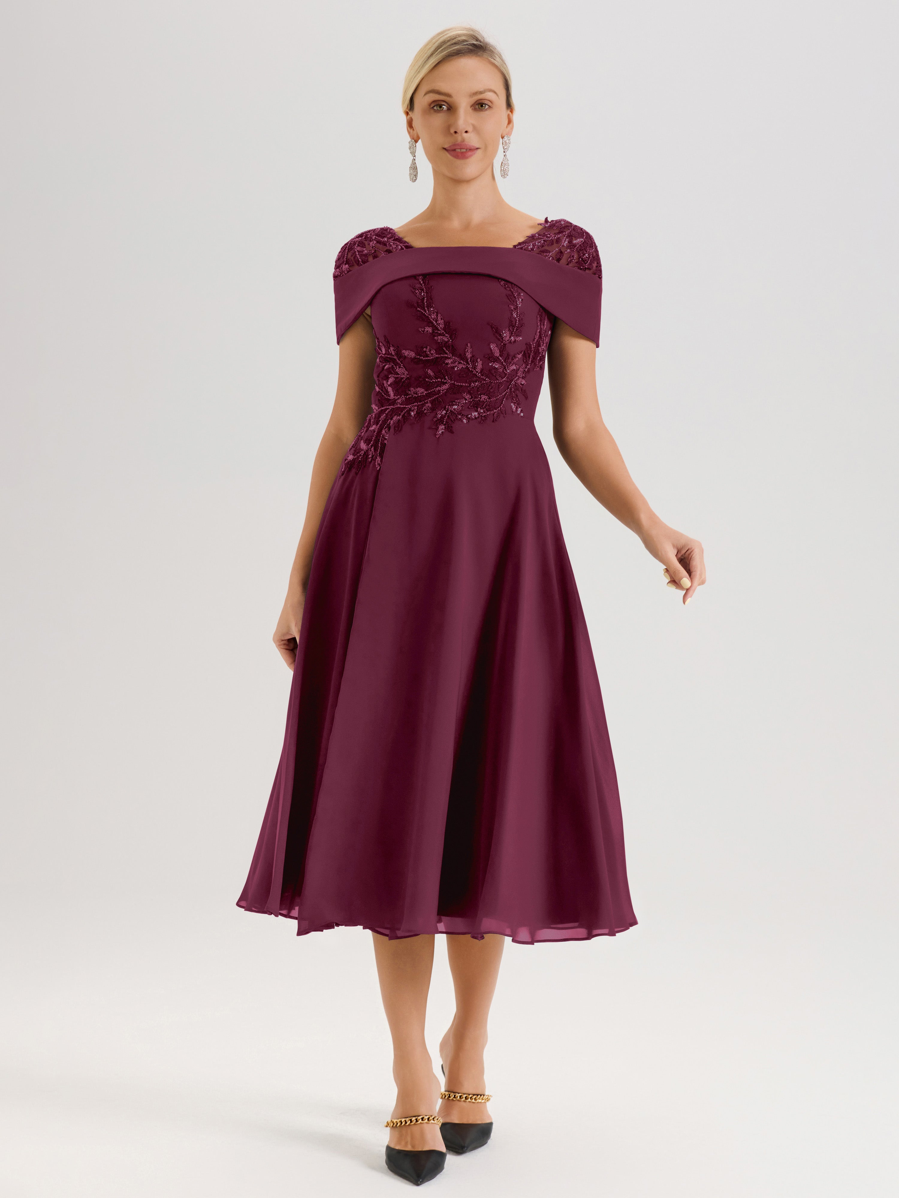 Cicinia Robe Trapèze Pour Mère De La Mariée Mûre En Mousseline Et Dentelle Col Carré Manches Courtes Longueur Mi-Mollet