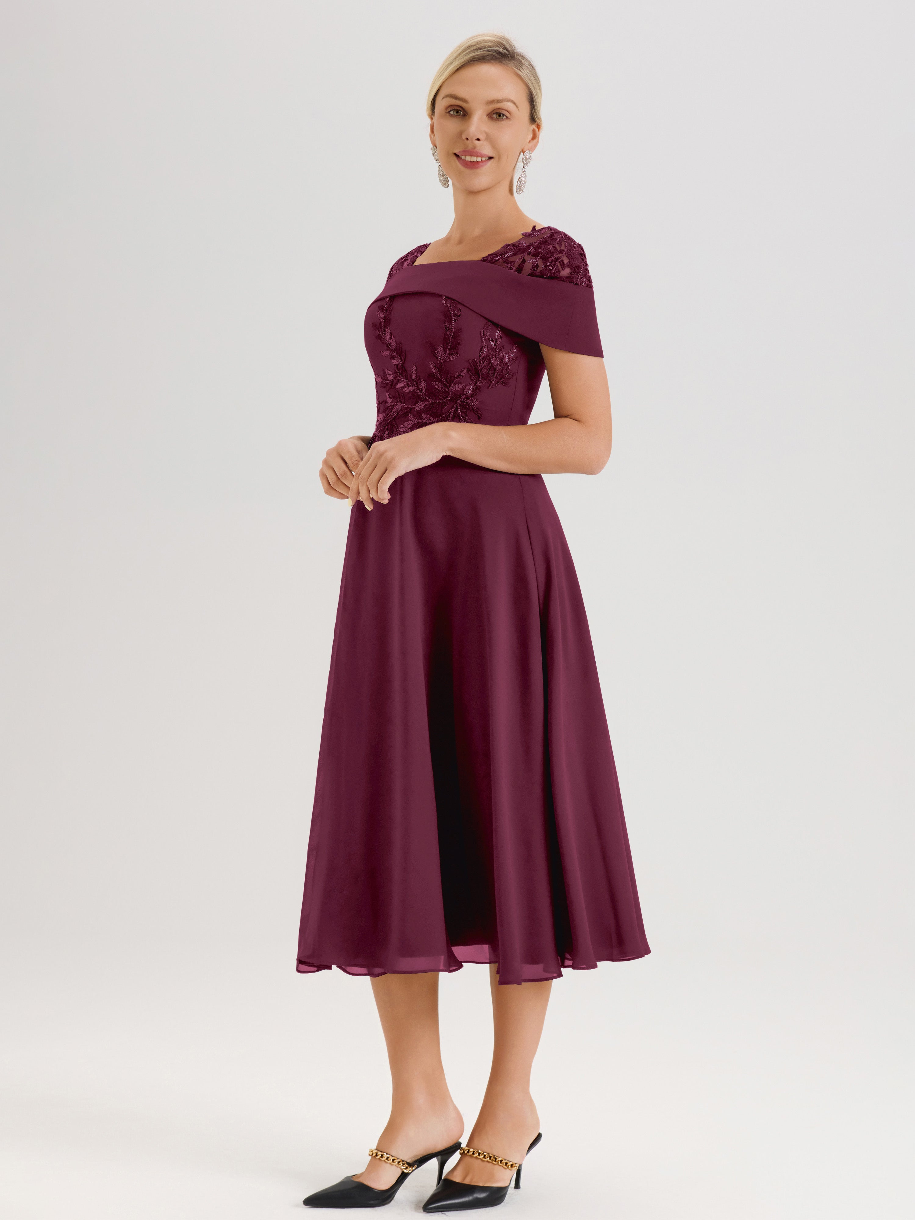 Cicinia Robe Trapèze Pour Mère De La Mariée Mûre En Mousseline Et Dentelle Col Carré Manches Courtes Longueur Mi-Mollet