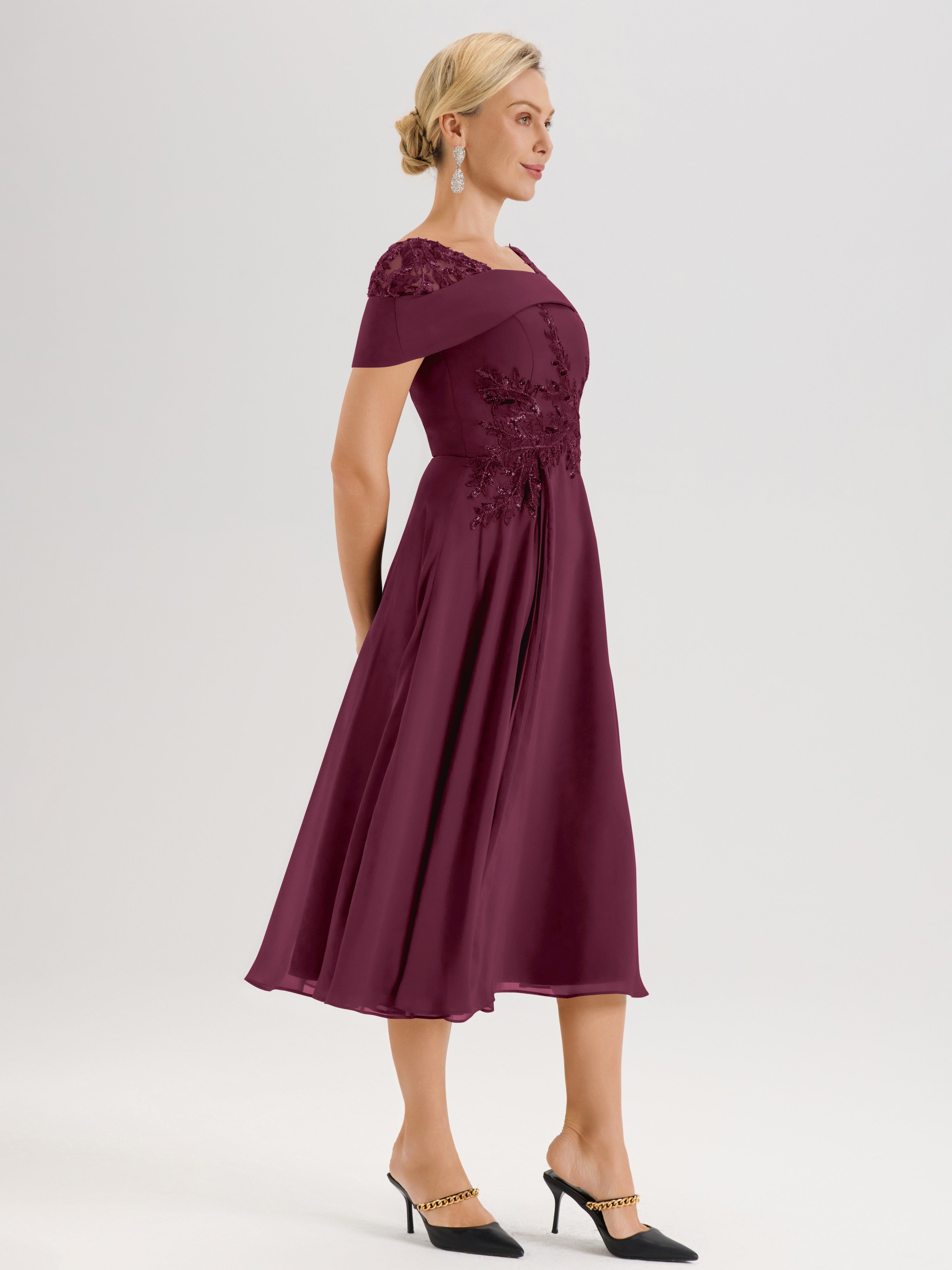 Cicinia Robe Trapèze Pour Mère De La Mariée Mûre En Mousseline Et Dentelle Col Carré Manches Courtes Longueur Mi-Mollet