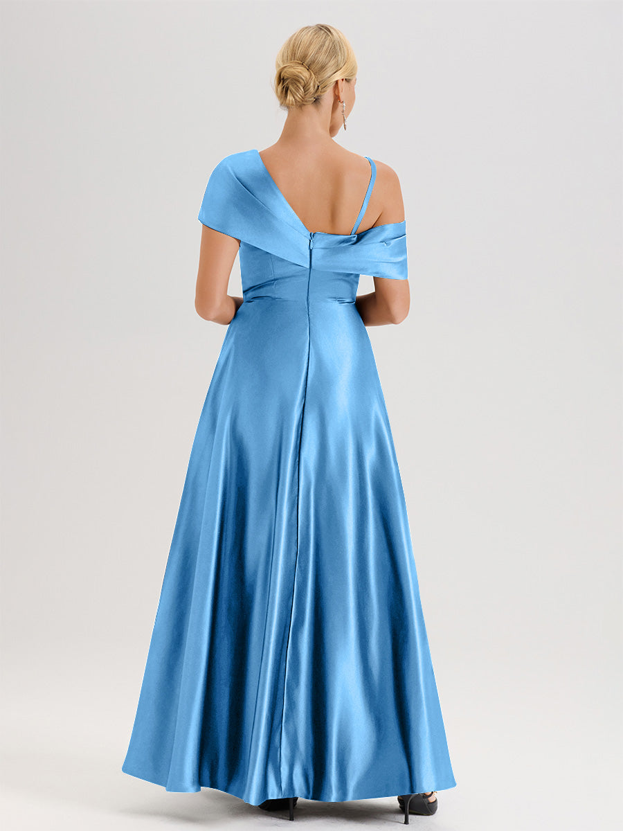 Cicinia Bleu Encre Robe Mère De La Mariée Longueur Au Sol Trapèze Une Épaule En Satin Avec Jupe Plissée Fendue