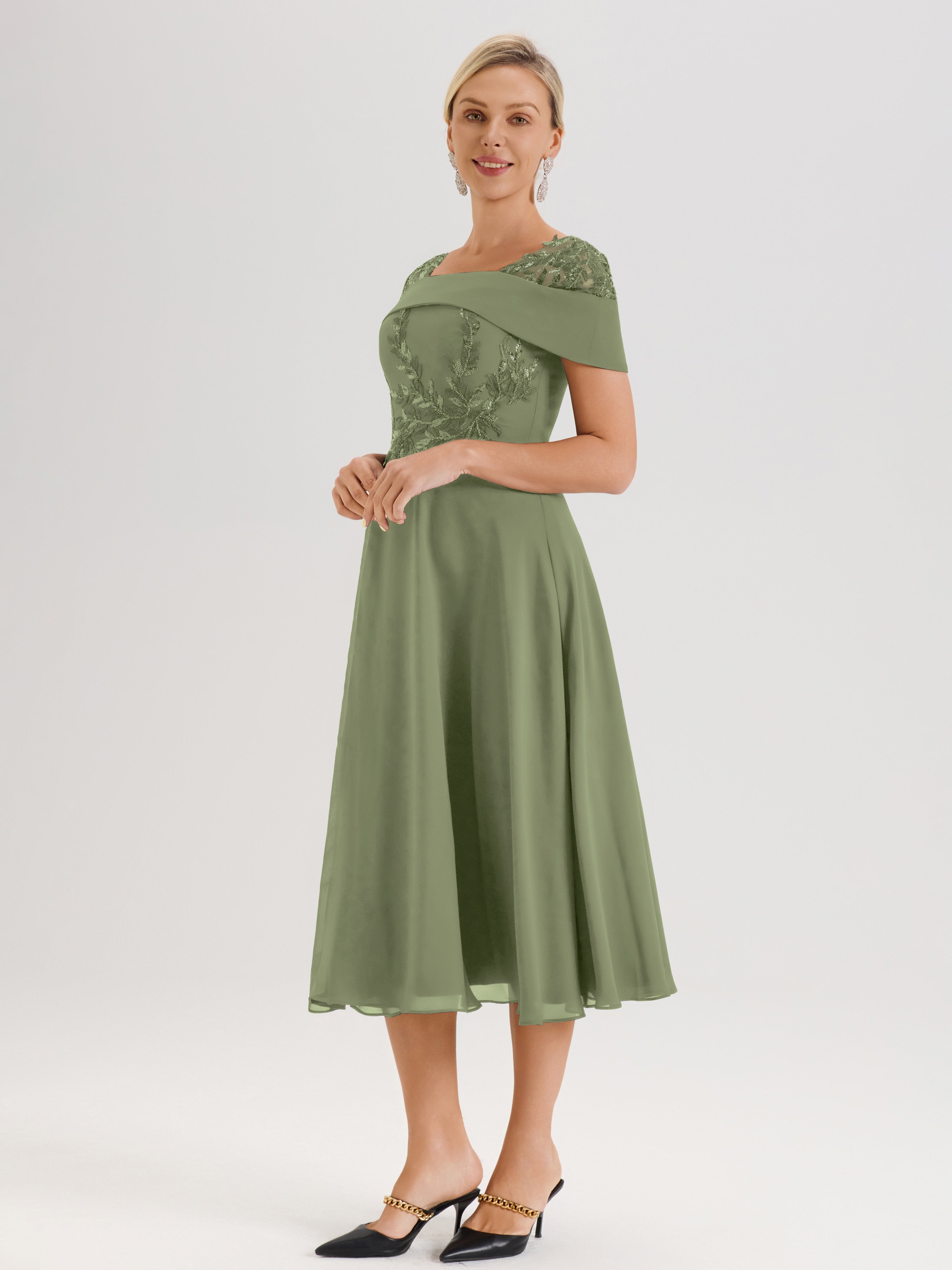 Cicinia Robe Trapèze Pour Mère De La Mariée Olive En Mousseline Et Dentelle Col Carré Manches Courtes Longueur Mi-Mollet