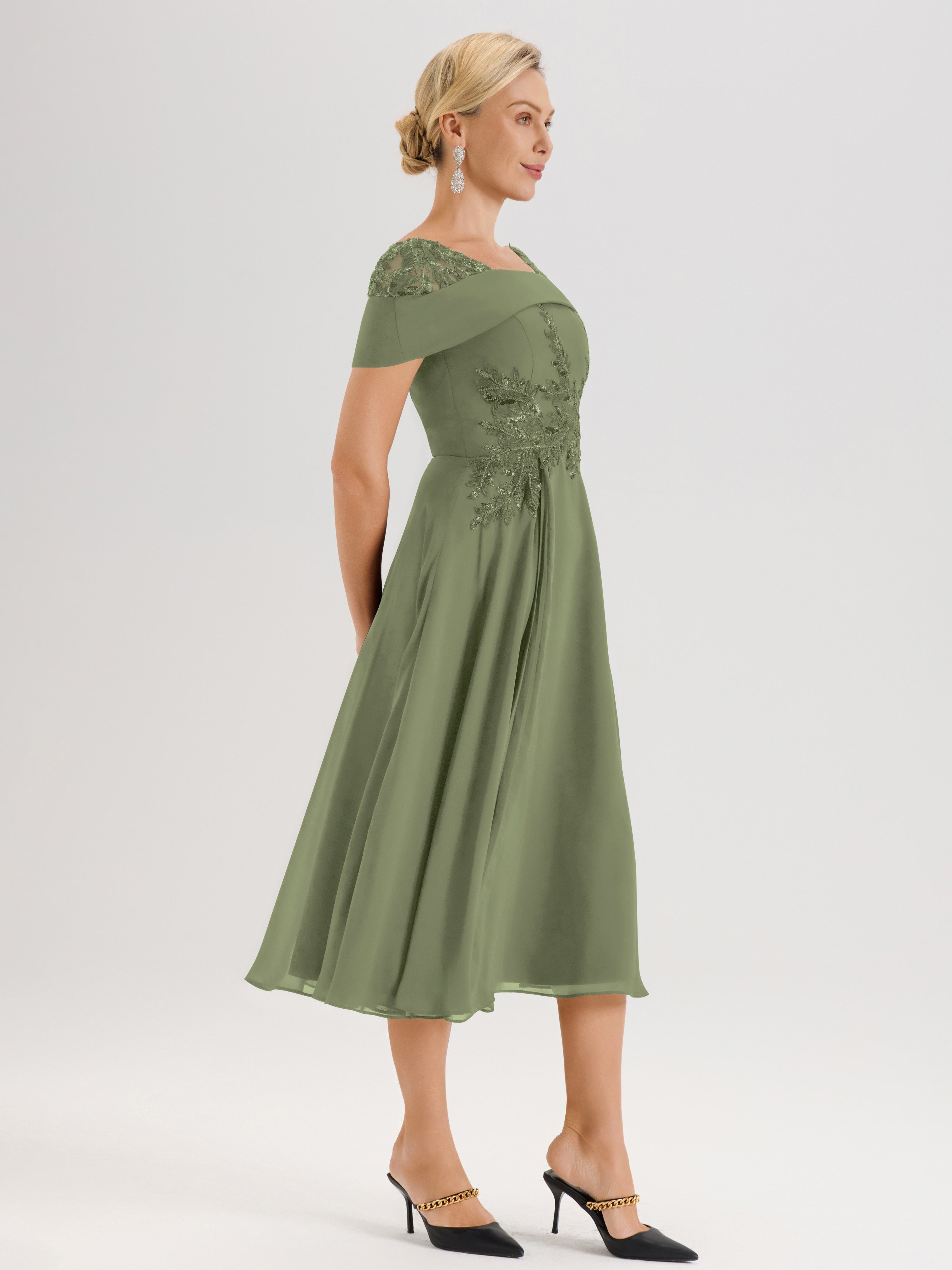Cicinia Robe Trapèze Pour Mère De La Mariée Olive En Mousseline Et Dentelle Col Carré Manches Courtes Longueur Mi-Mollet