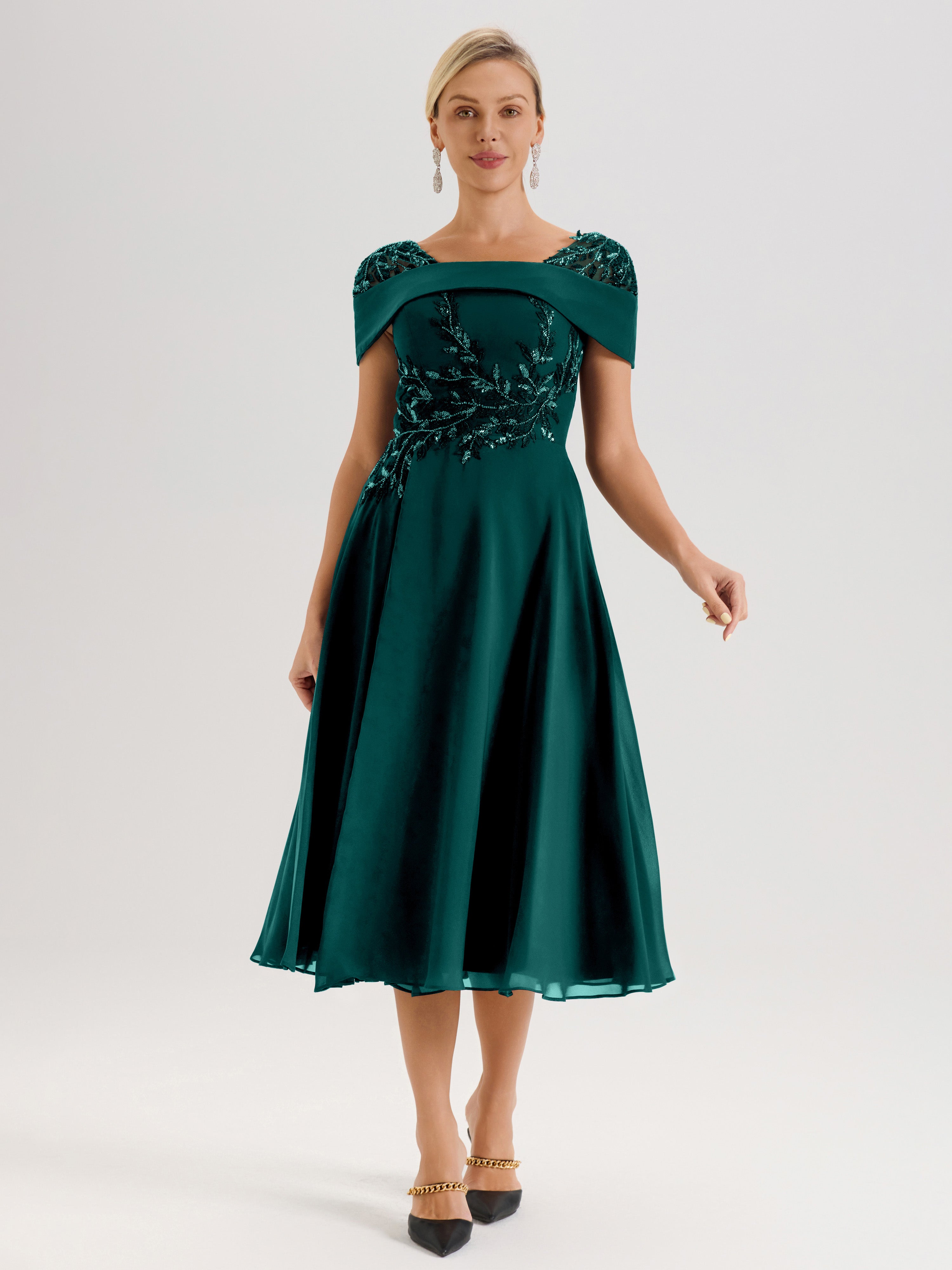 Cicinia Robe Trapèze Pour Mère De La Mariée Bleu Paon En Mousseline Et Dentelle Col Carré Manches Courtes Longueur Mi-Mollet