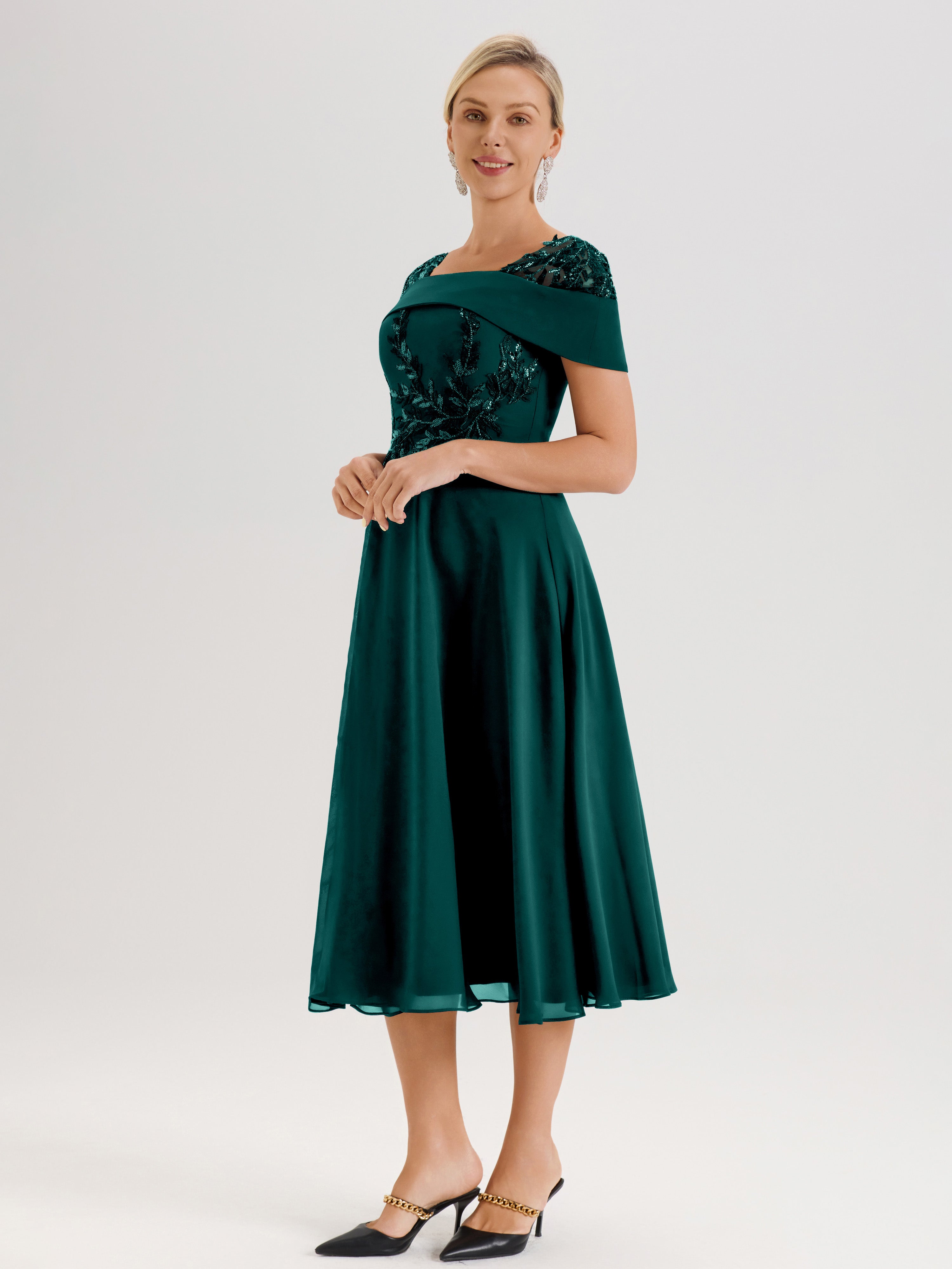 Cicinia Robe Trapèze Pour Mère De La Mariée Bleu Paon En Mousseline Et Dentelle Col Carré Manches Courtes Longueur Mi-Mollet