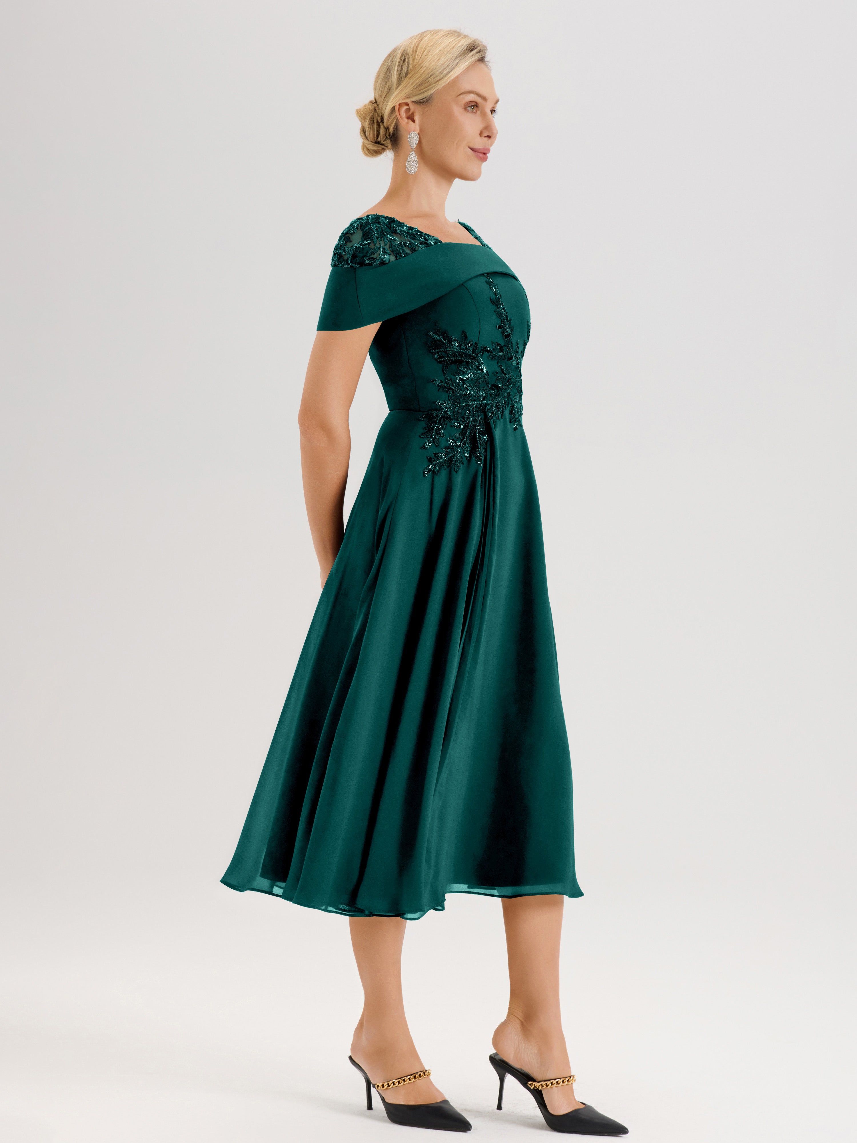 Cicinia Robe Trapèze Pour Mère De La Mariée Bleu Paon En Mousseline Et Dentelle Col Carré Manches Courtes Longueur Mi-Mollet
