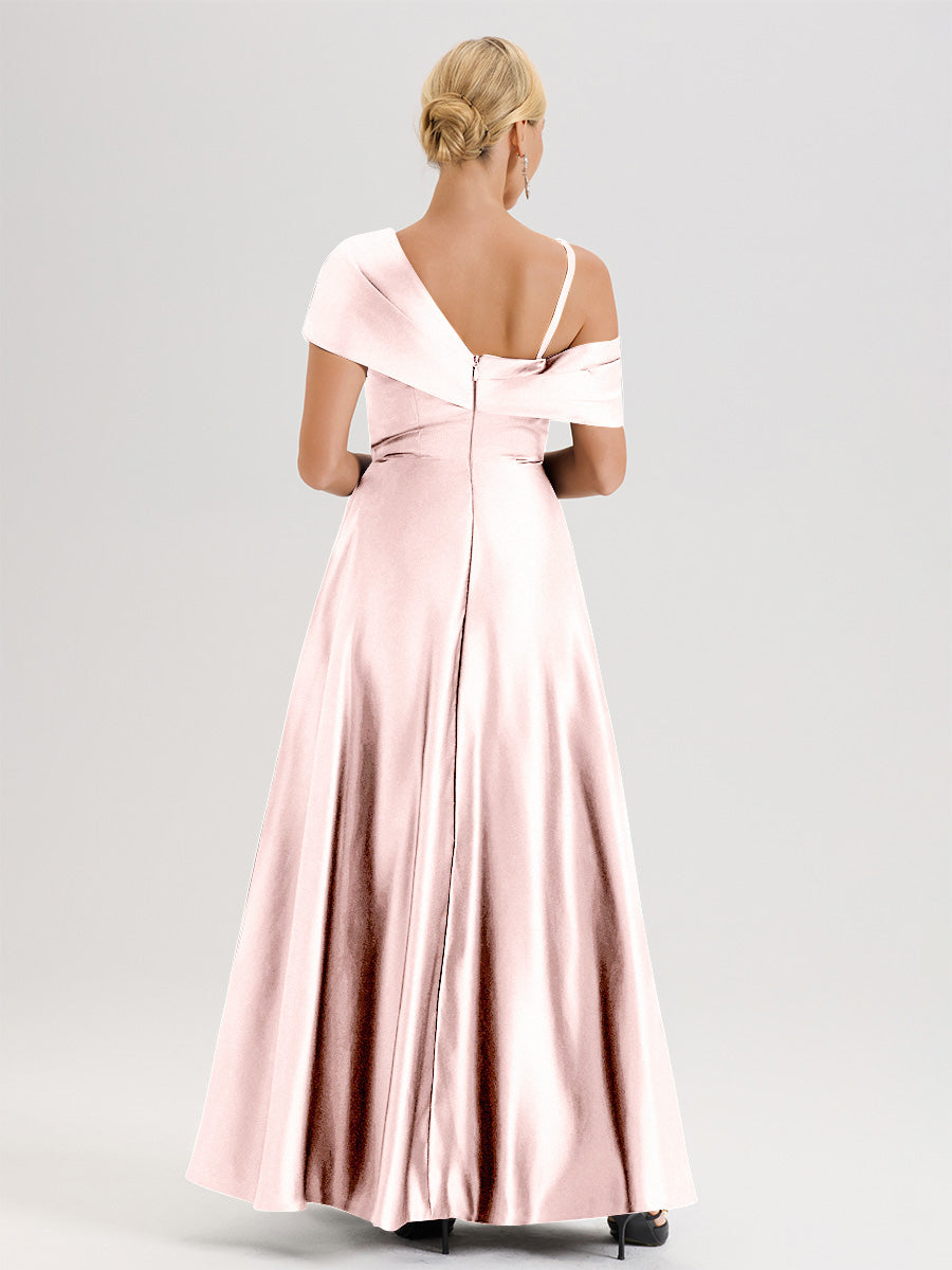 Cicinia Lilas Robe Mère De La Mariée Longueur Au Sol Trapèze Une Épaule En Satin Avec Jupe Plissée Fendue