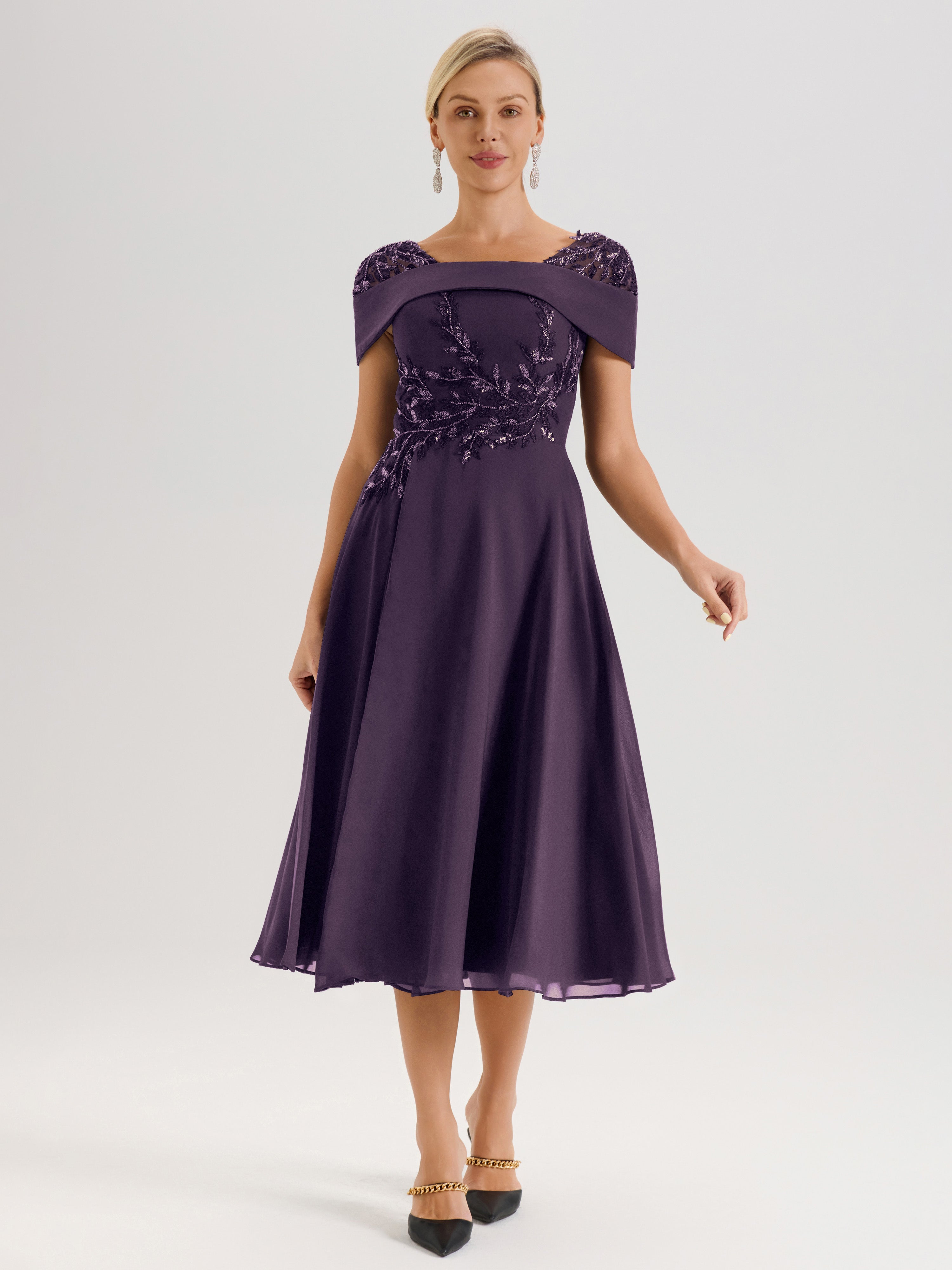Cicinia Robe Trapèze Pour Mère De La Mariée En Plum En Mousseline Et Dentelle Col Carré Manches Courtes Longueur Mi-Mollet