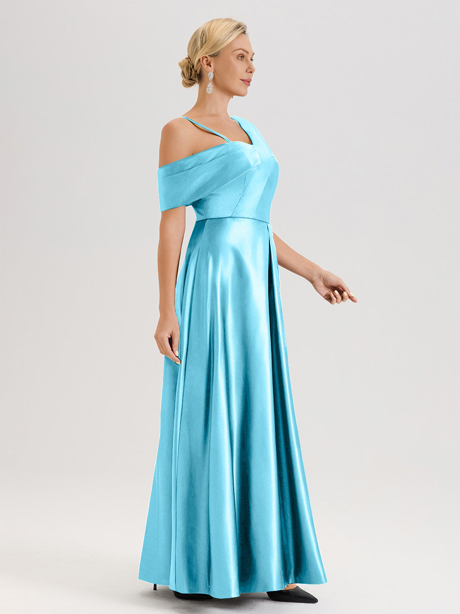 Cicinia Bleu Océan Robe Mère De La Mariée Longueur Au Sol Trapèze Une Épaule En Satin Avec Jupe Plissée Fendue