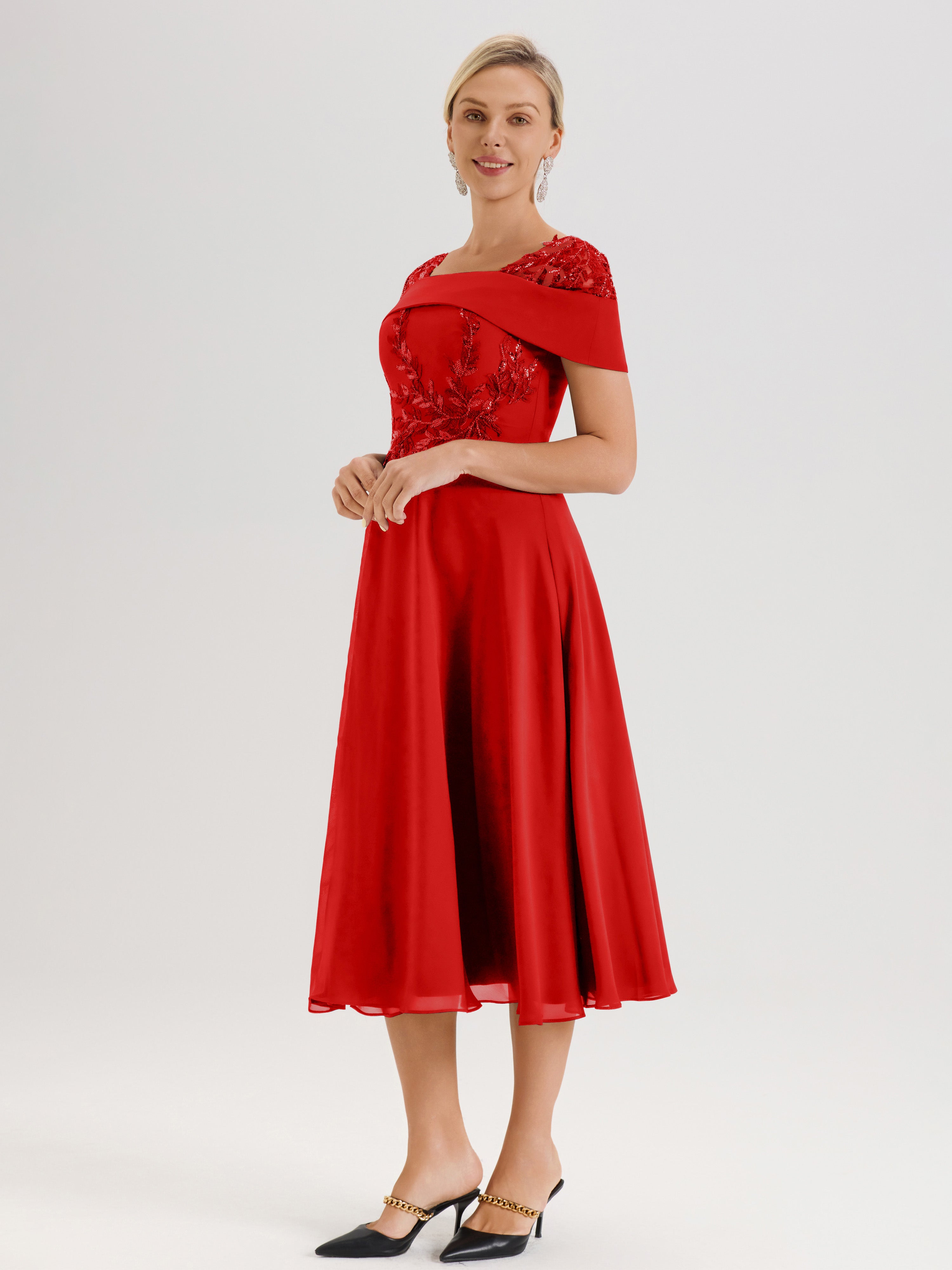 Cicinia Robe Trapèze Pour Mère De La Mariée Rouge Bordeaux En Mousseline Et Dentelle Col Carré Manches Courtes Longueur Mi-Mollet