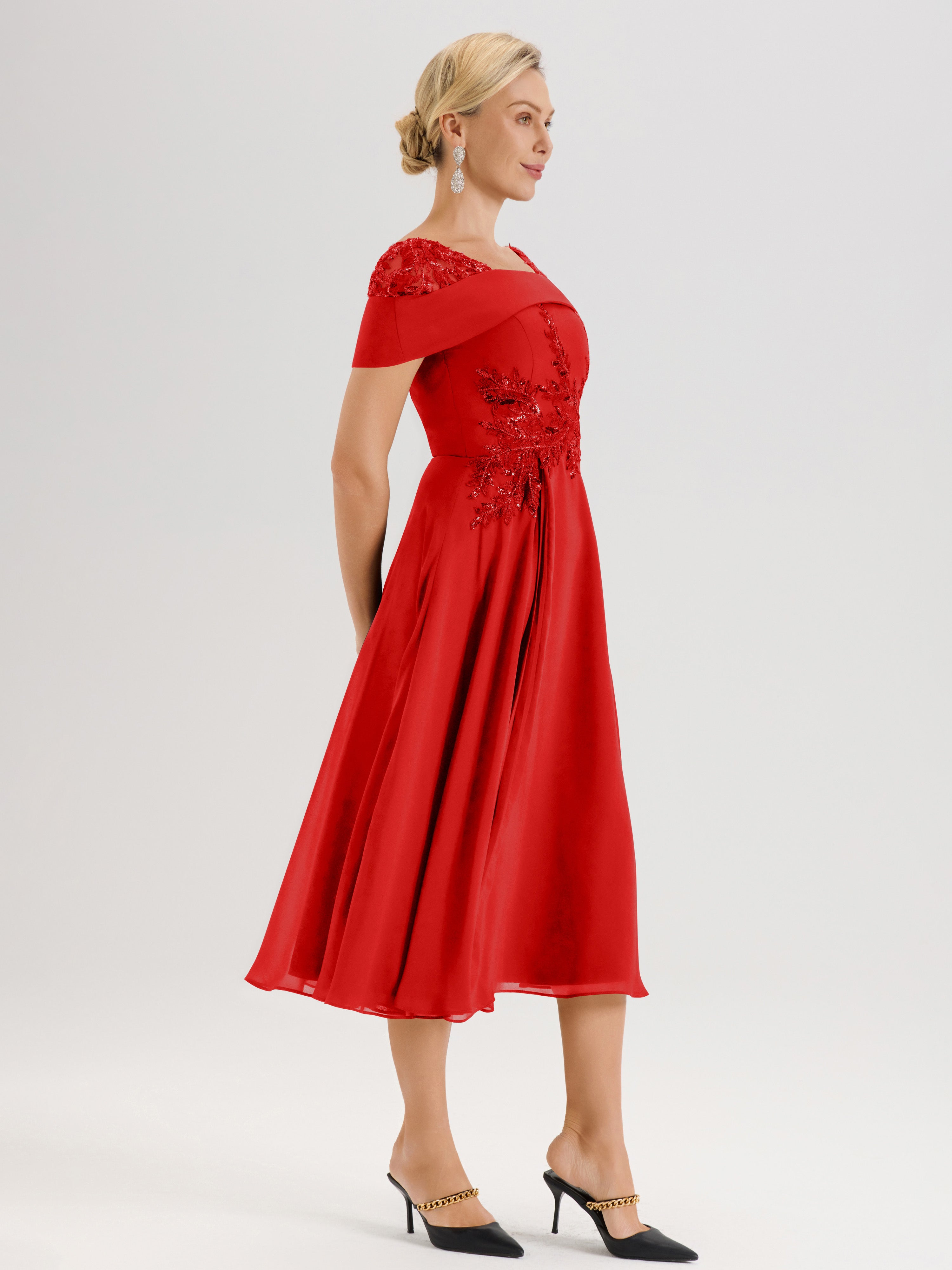 Cicinia Robe Trapèze Pour Mère De La Mariée Rouge Bordeaux En Mousseline Et Dentelle Col Carré Manches Courtes Longueur Mi-Mollet
