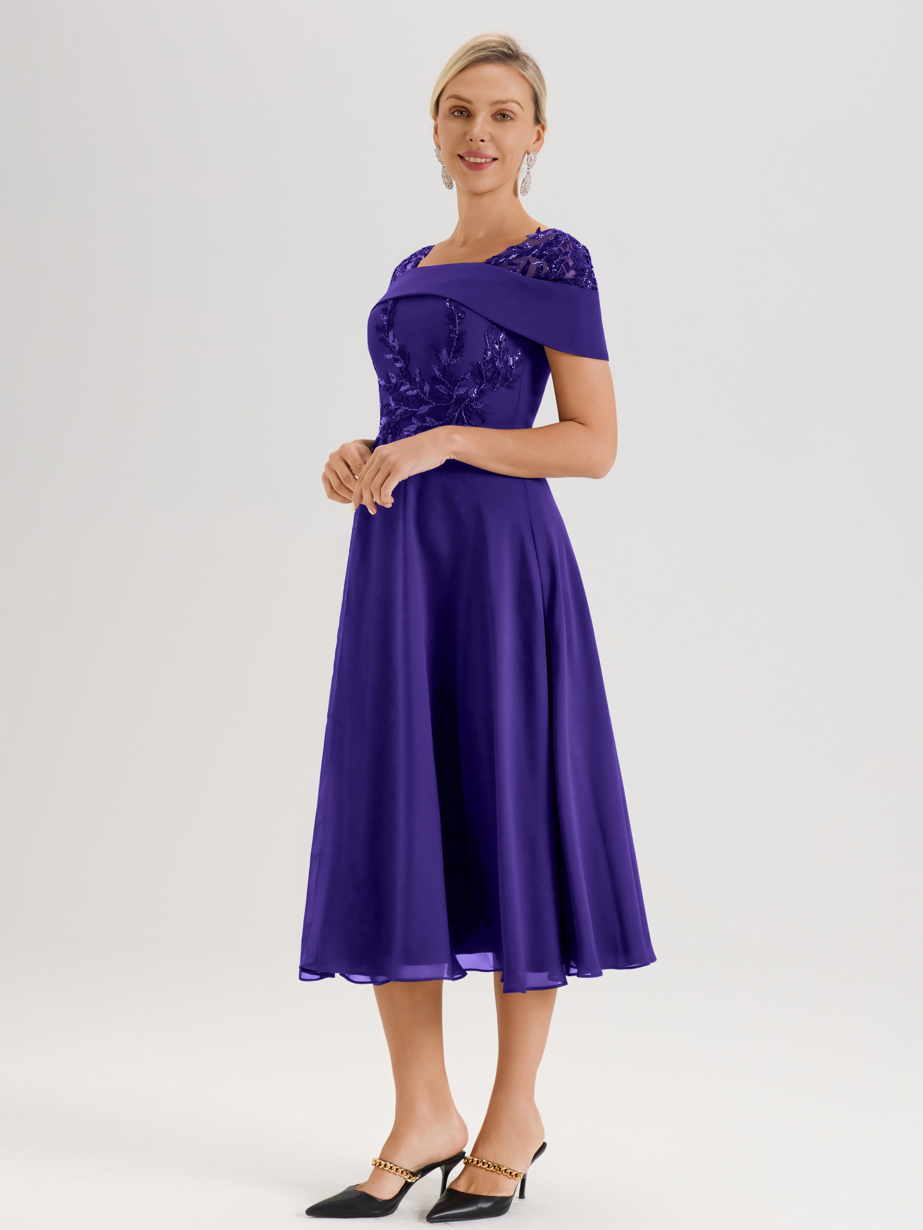 Cicinia Robe Trapèze Pour Mère De La Mariée En Régence En Mousseline Et Dentelle Col Carré Manches Courtes Longueur Mi-Mollet