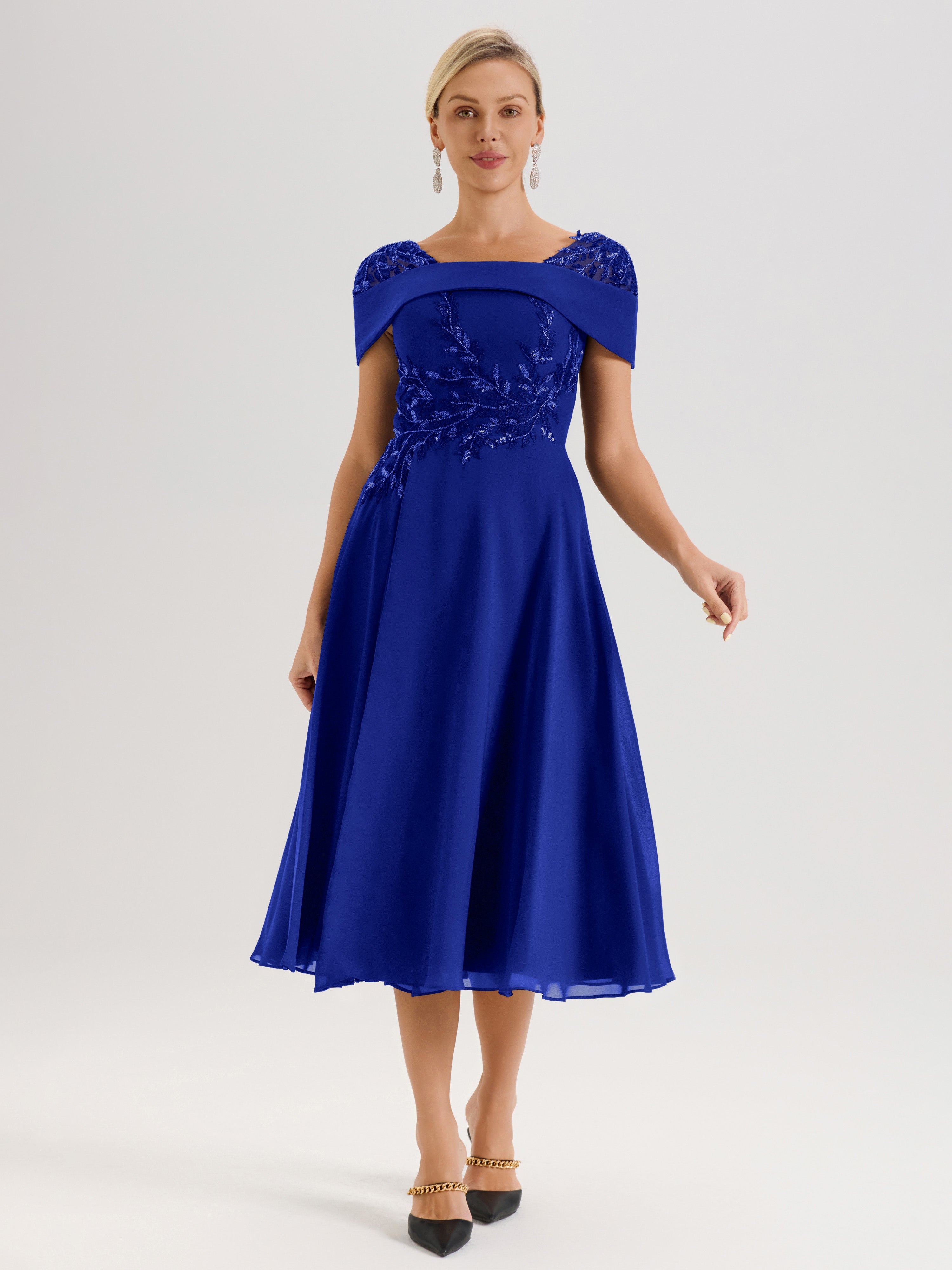 Cicinia Robe Trapèze Pour Mère De La Mariée Bleu Royal En Mousseline Et Dentelle Col Carré Manches Courtes Longueur Mi-Mollet