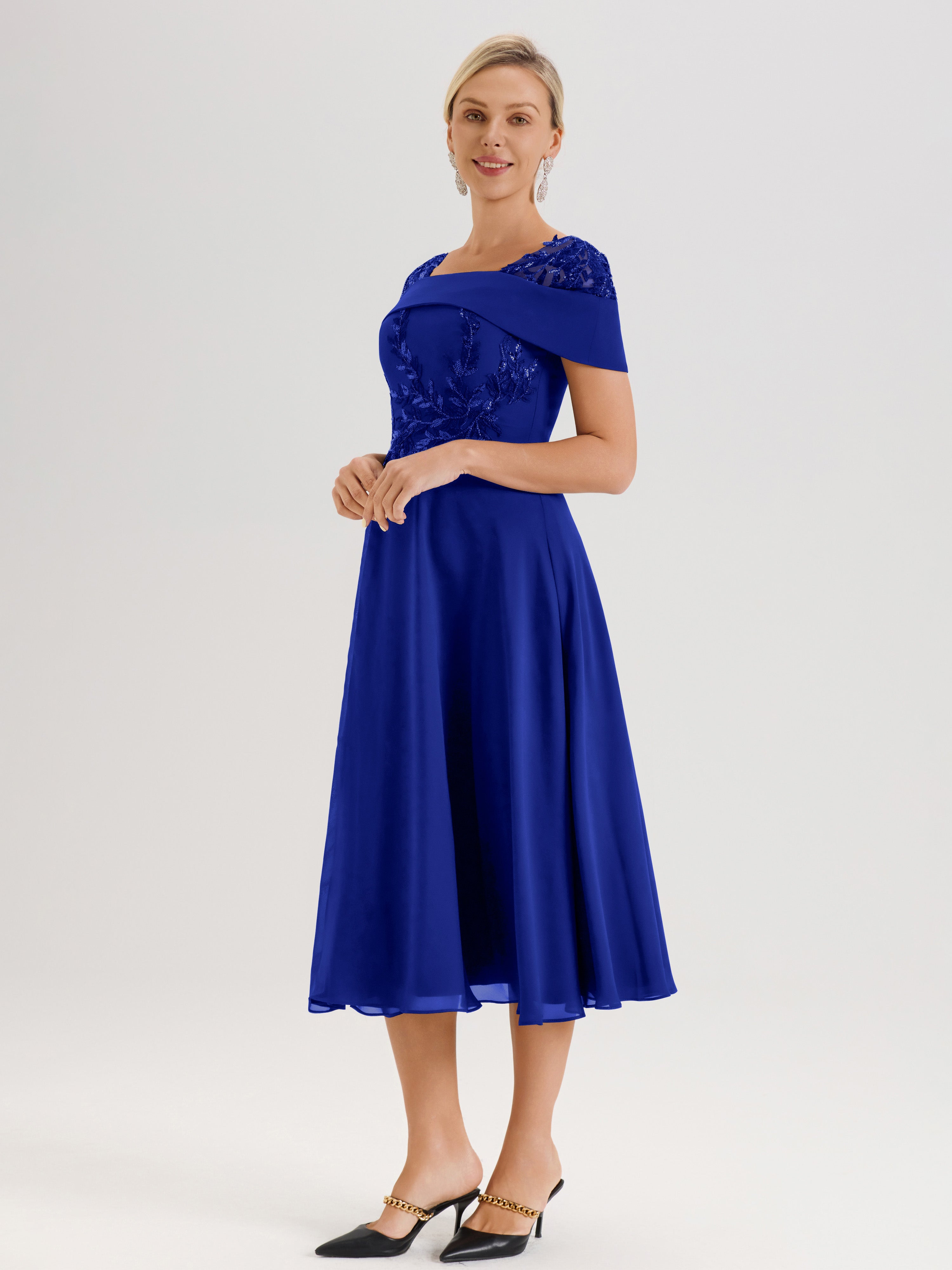 Cicinia Robe Trapèze Pour Mère De La Mariée Bleu Royal En Mousseline Et Dentelle Col Carré Manches Courtes Longueur Mi-Mollet
