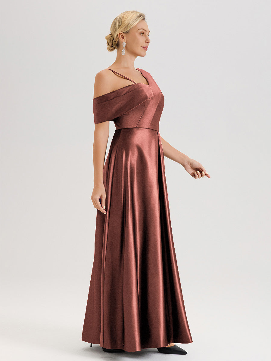 Cicinia Bleu Royale Robe Mère De La Mariée Longueur Au Sol Trapèze Une Épaule En Satin Avec Jupe Plissée Fendue
