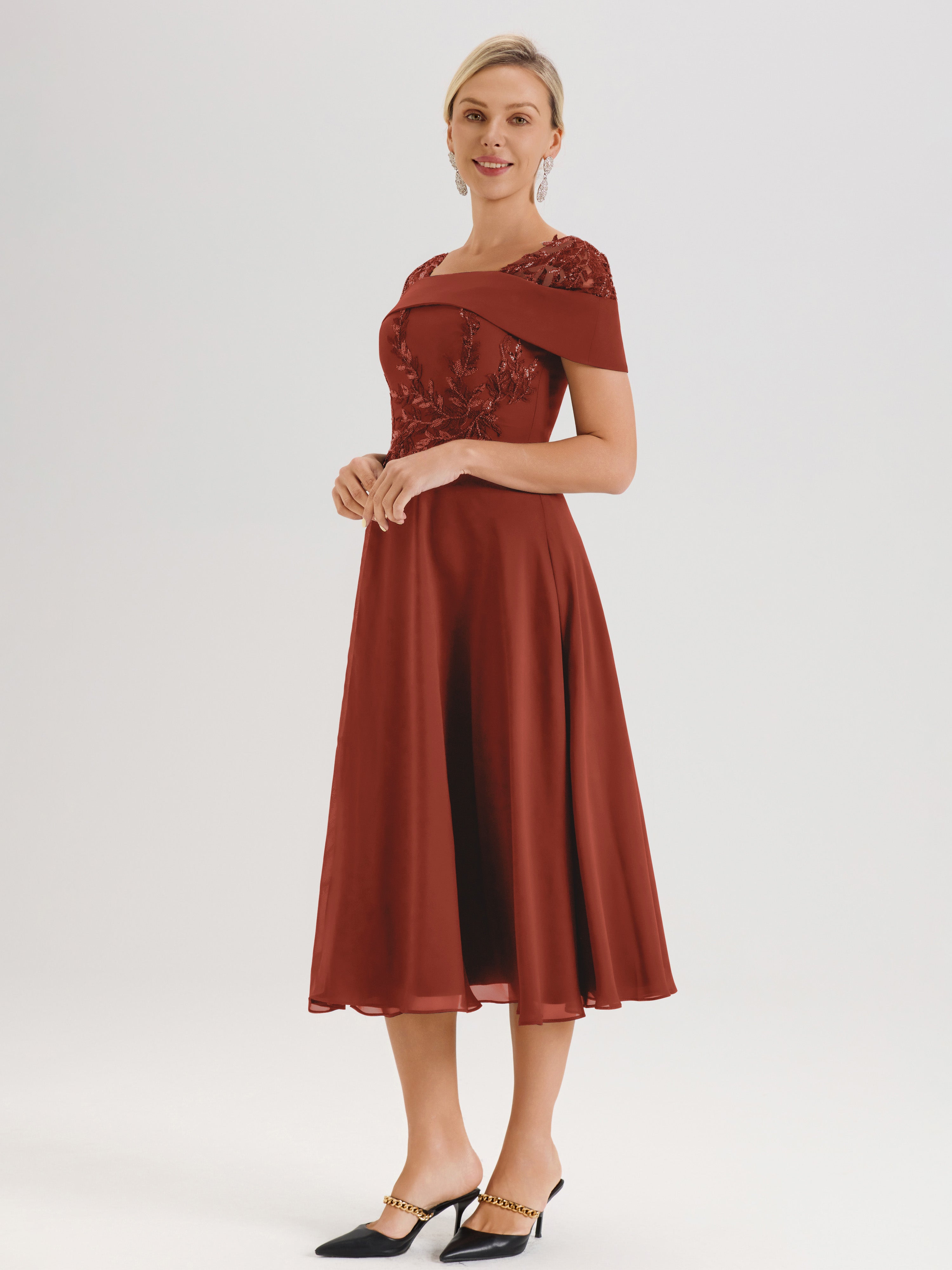 Cicinia Robe Trapèze Pour Mère De La Mariée Couleur Rouille En Mousseline Et Dentelle Col Carré Manches Courtes Longueur Mi-Mollet