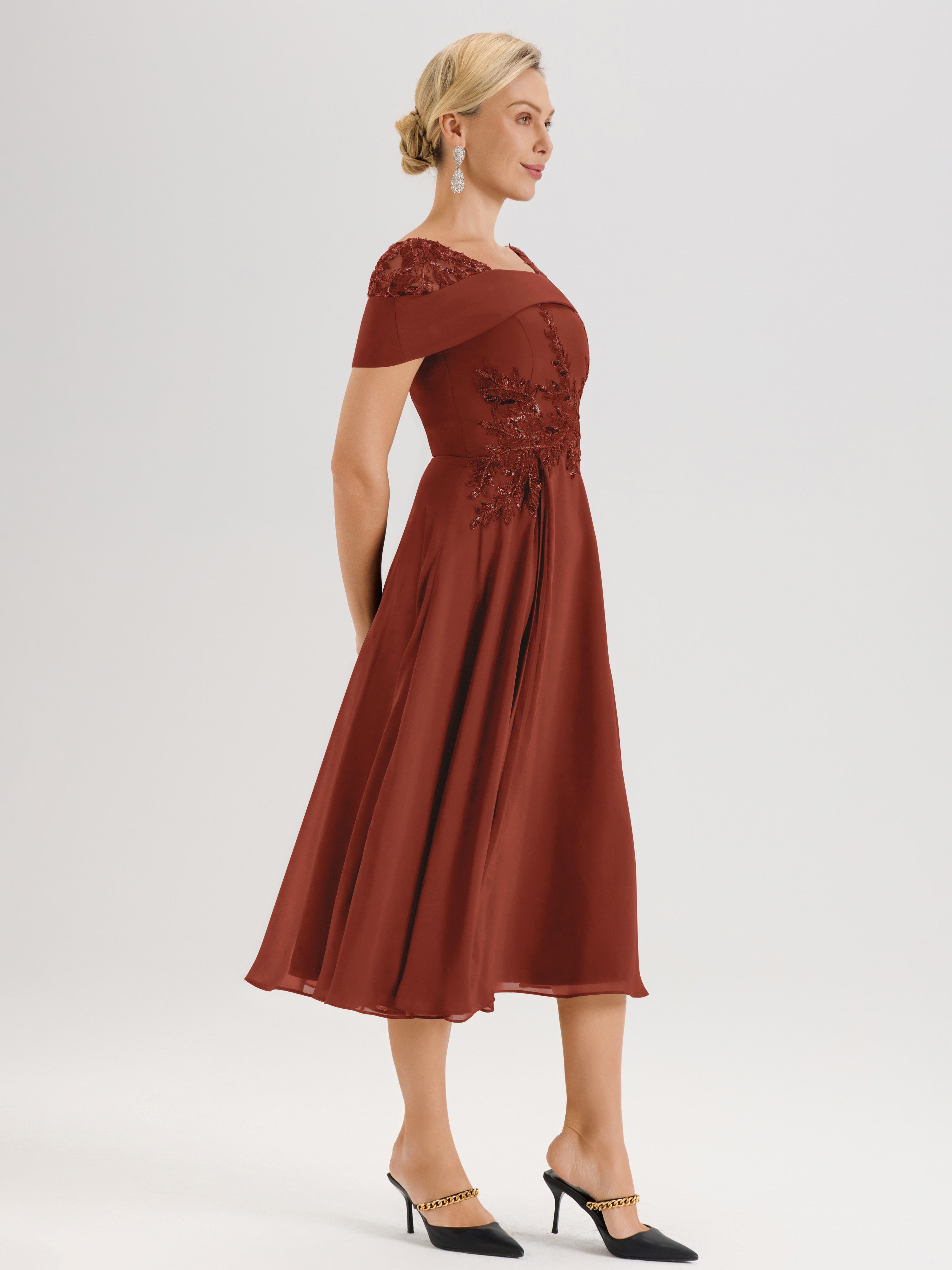 Cicinia Robe Trapèze Pour Mère De La Mariée Couleur Rouille En Mousseline Et Dentelle Col Carré Manches Courtes Longueur Mi-Mollet