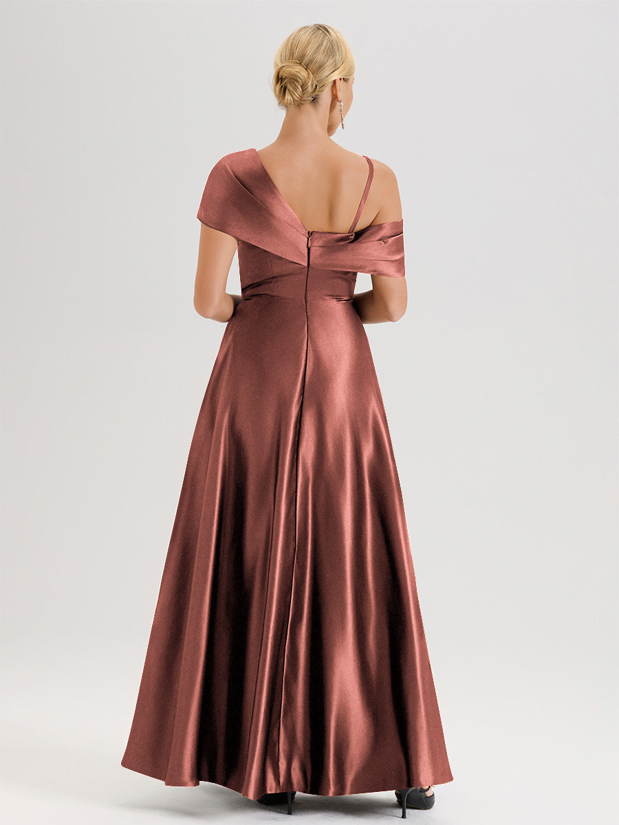 Cicinia Bleu Royale Robe Mère De La Mariée Longueur Au Sol Trapèze Une Épaule En Satin Avec Jupe Plissée Fendue