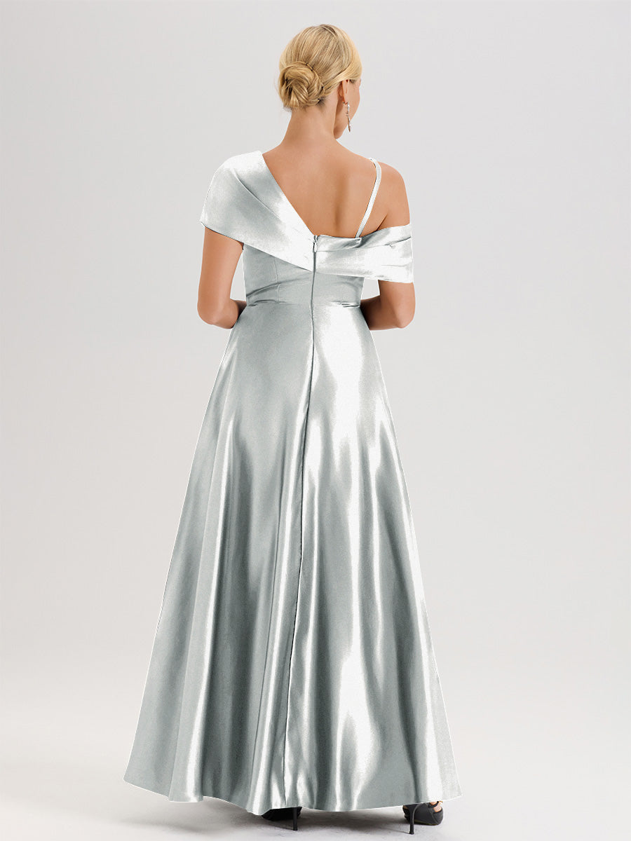 Cicinia Argent Robe Mère De La Mariée Longueur Au Sol Trapèze Une Épaule En Satin Avec Jupe Plissée Fendue