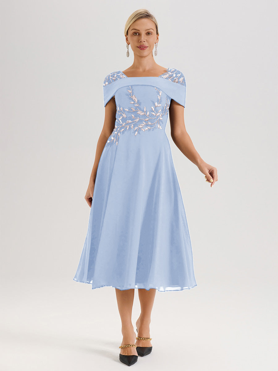 Cicinia Robe Trapèze Pour Mère De La Mariée Bleu Ciel En Mousseline Et Dentelle Col Carré Manches Courtes Longueur Mi-Mollet